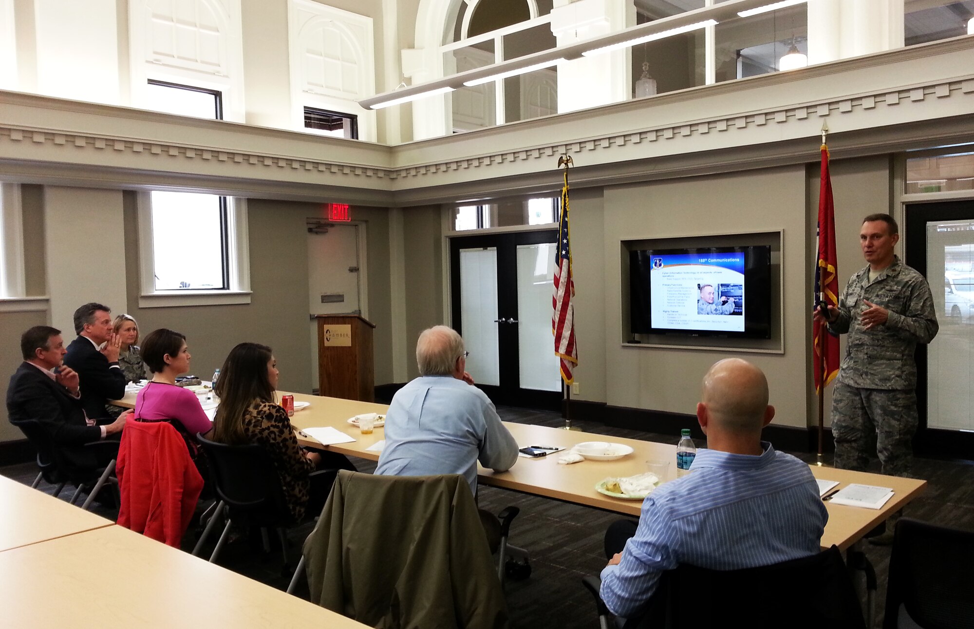 Maj. Kevin Garrett, 188th Communication Flight commander, speaks to area company human resource professionals at the Fort Smith Regional Chamber of Commerce March 10. The objective of the meeting was to educate local companies on a partnership initiative between the 188th and the Chamber of Commerce. The strategy focuses on linking drill-status Guardsmen with full-time employment opportunities in the River Valley. The meeting educated local employers on specific training and education 188th drill-status members receive and how those specialties can benefit the local civilian workforce. (U.S. Air National Guard photo by Maj. Heath Allen/Released)