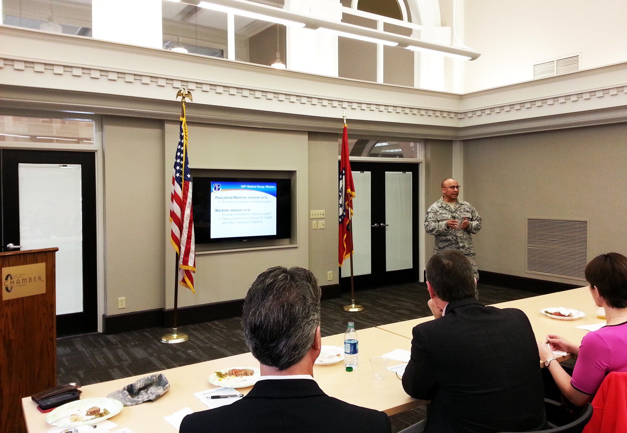 Chief Master Sgt. Juan Gonzales, 188th Medical Group, speaks to area company human resource professionals at the Fort Smith Regional Chamber of Commerce March 10. The objective of the meeting was to educate local companies on a partnership initiative between the 188th and the Chamber of Commerce. The strategy focuses on linking drill-status Guardsmen with full-time employment opportunities in the River Valley. The meeting educated local employers on specific training and education 188th members receive and how those specialties can benefit the local civilian workforce. (U.S. Air National Guard photo by Maj. Heath Allen/Released)