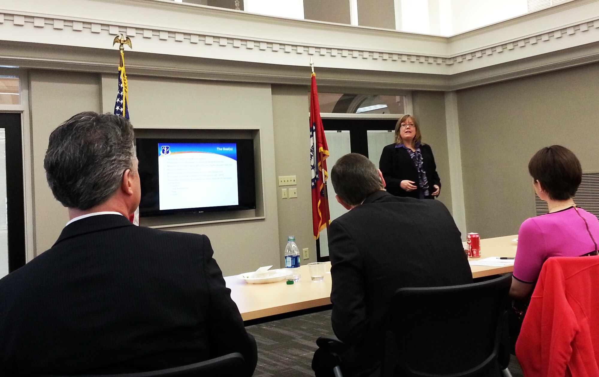 Michelle Pike, 188th Wing Airman and Family Readiness program manager, speaks to area company human resource professionals at the Fort Smith Regional Chamber of Commerce March 10. The objective of the meeting was to educate local companies on a partnership initiative between the 188th and the Chamber of Commerce. The strategy focuses on linking drill-status Guardsmen with full-time employment opportunities in the River Valley. The meeting educated local employers on specific training and education 188th members receive and how those specialties can benefit the local civilian workforce. (U.S. Air National Guard photo by Maj. Heath Allen/Released)