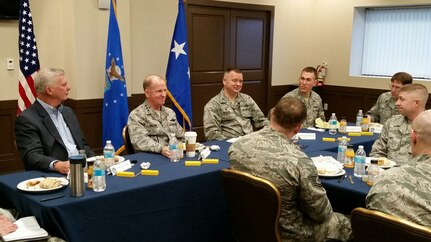 U.S. Air Force Lt. Gen. Stephen W. Wilson (second from left), U.S. Strategic Command (USSTRATCOM) deputy commander; Mr. W. Gary Gates (left), Strategic Command Consultation (SCC) Committee member; and U.S. Air Force Col. Brian McDaniel (center right), 92nd Air Refueling Wing commander; discuss deterrence, leadership and technology with noncommissioned officers from the 92nd and 141st Air Refueling Wings during breakfast at Fairchild Air Force Base, Wash., March 14, 2016. Wilson and Gates visited Fairchild to present the 2015 Omaha Trophy, strategic aircraft category, to the 92nd Air Refueling Wing on behalf of USSTRATCOM and the SCC. The Omaha Trophy, which dates back to the U.S. Air Forceâ€™s Strategic Air Command, was originally created by the SCC in 1971. At the time, a single trophy was presented annually as a token of appreciation to USSTRATCOMâ€™s best wing. Since then, the tradition has evolved to unit-level awards that recognize the commandâ€™s premier intercontinental ballistic missile (ICBM) wing, ballistic missile submarine, strategic bomber wing and global operations (space/cyberspace) unit. This year, a new category was added to include the combatant commandâ€™s top strategic aircraft wing. (USSTRATCOM photo by Dave Wells) Story Available : https://www.stratcom.mil/news/2016/595/-/