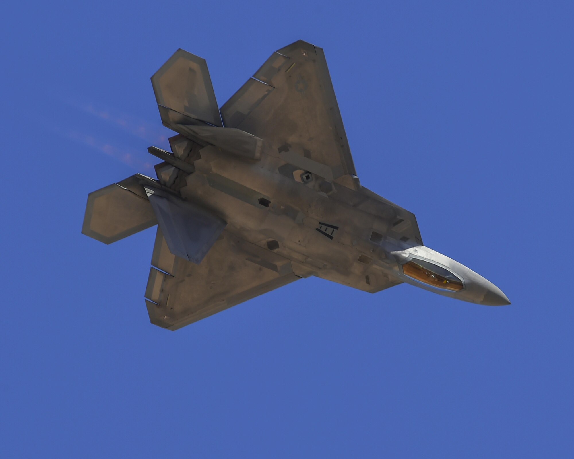 A U.S. Air Force F-22 Raptor performs an aerial demonstration during the Thunder and Lightning over Arizona Open House at Davis-Monthan Air Force Base, Ariz., March 12, 2016.  The base opened its doors for the free event to showcase military air power and express appreciation for the local community's continuous support of D-M's missions. (U.S. Air Force photo by Senior Airman Chris Massey/Released)
