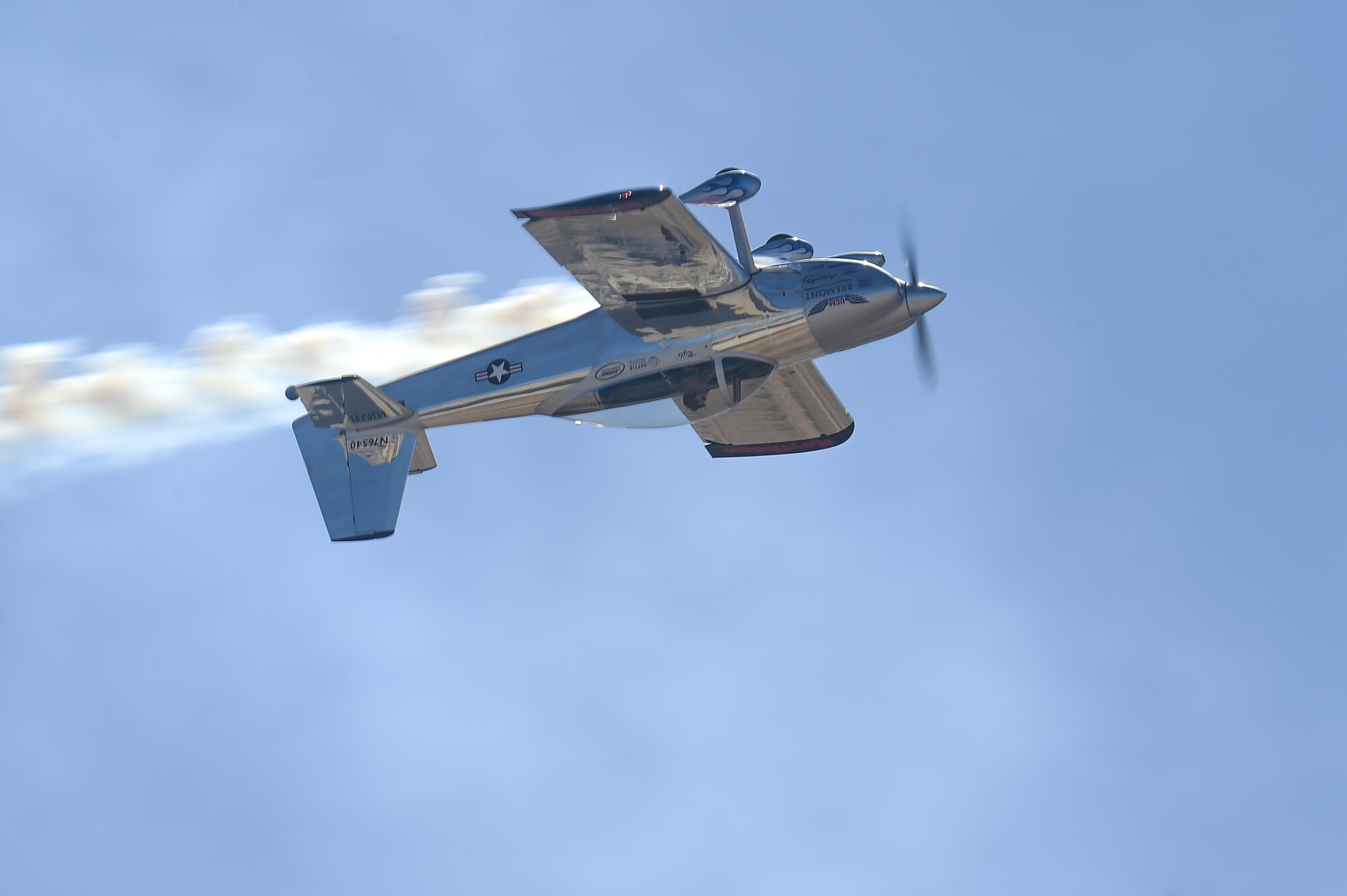 Joe Shetterly, Van’s RV-8 pilot, performs an aerobatic demonstration during the Thunder and Lightning over Arizona Open House at Davis-Monthan Air Force Base, Ariz., March 13, 2016. The open house featured aerial demonstrations from various teams and numerous static displays allowing the public to gain a better understanding of the Air Force. (U.S. Air Force photo by Senior Airman Chris Massey/Released)