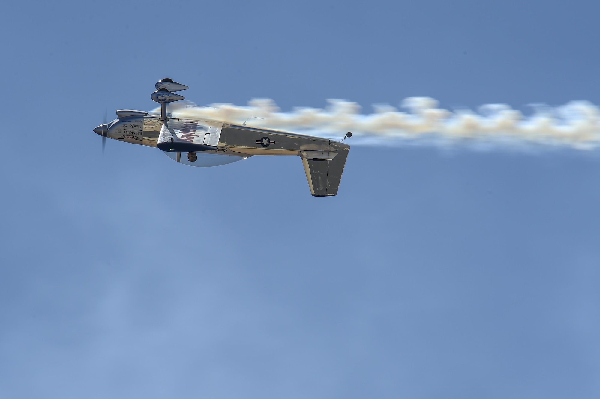 Joe Shetterly, Van’s RV-8 pilot, performs an aerobatic demonstration during the Thunder and Lightning over Arizona Open House at Davis-Monthan Air Force Base, Ariz., March 13, 2016. The open house featured aerial demonstrations from various teams and numerous static displays allowing the public to gain a better understanding of the Air Force. (U.S. Air Force photo by Senior Airman Chris Massey/Released)