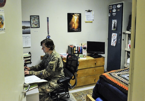 Maj. (Dr.) Valerie Sams, the 455th Expeditionary Medical Group trauma czar, lives and works in the Craig Joint Theater Hospital in order to rapidly respond to her patients at Bagram Airfield, Afghanistan, March 5, 2016. The trauma czar is responsible for coordinating patient care and making the final decision on treatment. (U.S. Air Force photo/Tech. Sgt. Nicholas Rau)