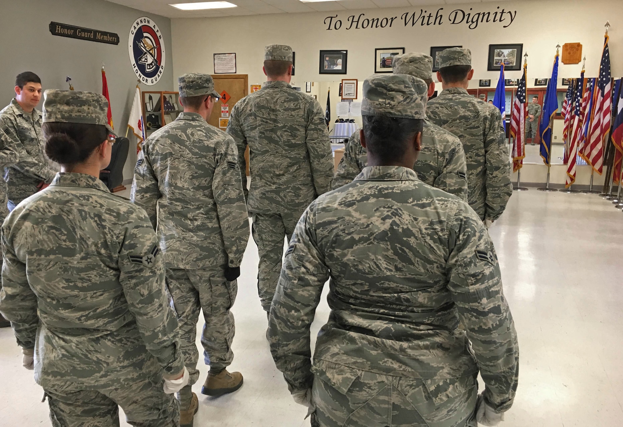 U.S. Air Force base honor guardsmen practice drills Jan. 28, 2016, at Cannon Air Force Base, N.M. Cannon’s Honor Guard is charged with representing every member, past and present, of the Air Force. (U.S. Air Force photo/Staff Sgt. Alexx Pons) 