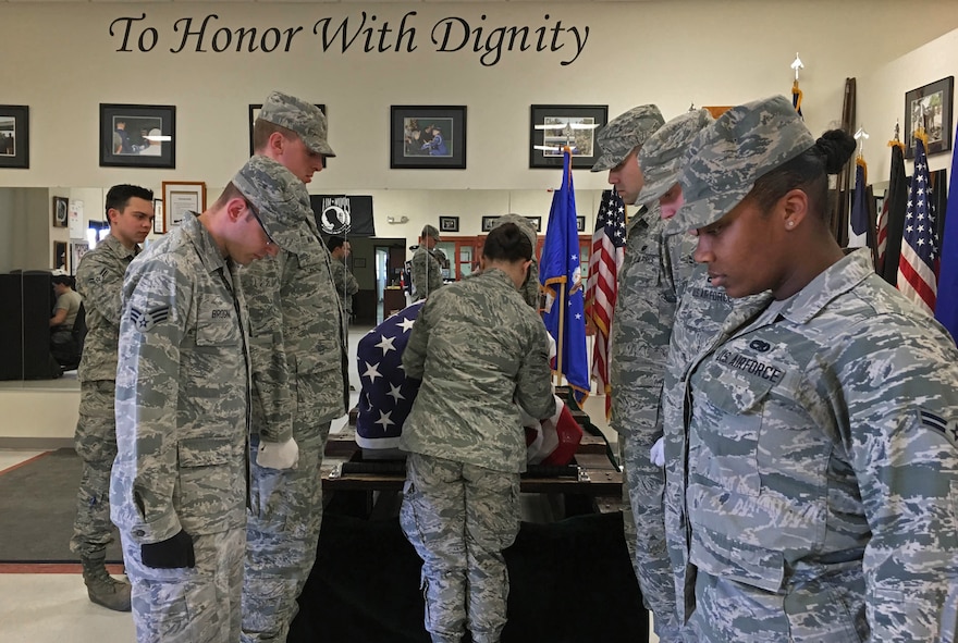 U.S. Air Force base honor guardsmen perform casket carry drills Jan. 28, 2016, at Cannon Air Force Base, N.M. These select few are responsible for protecting and overseeing the maintenance of standards on and off duty. (U.S. Air Force photo/Staff Sgt. Alexx Pons) 
