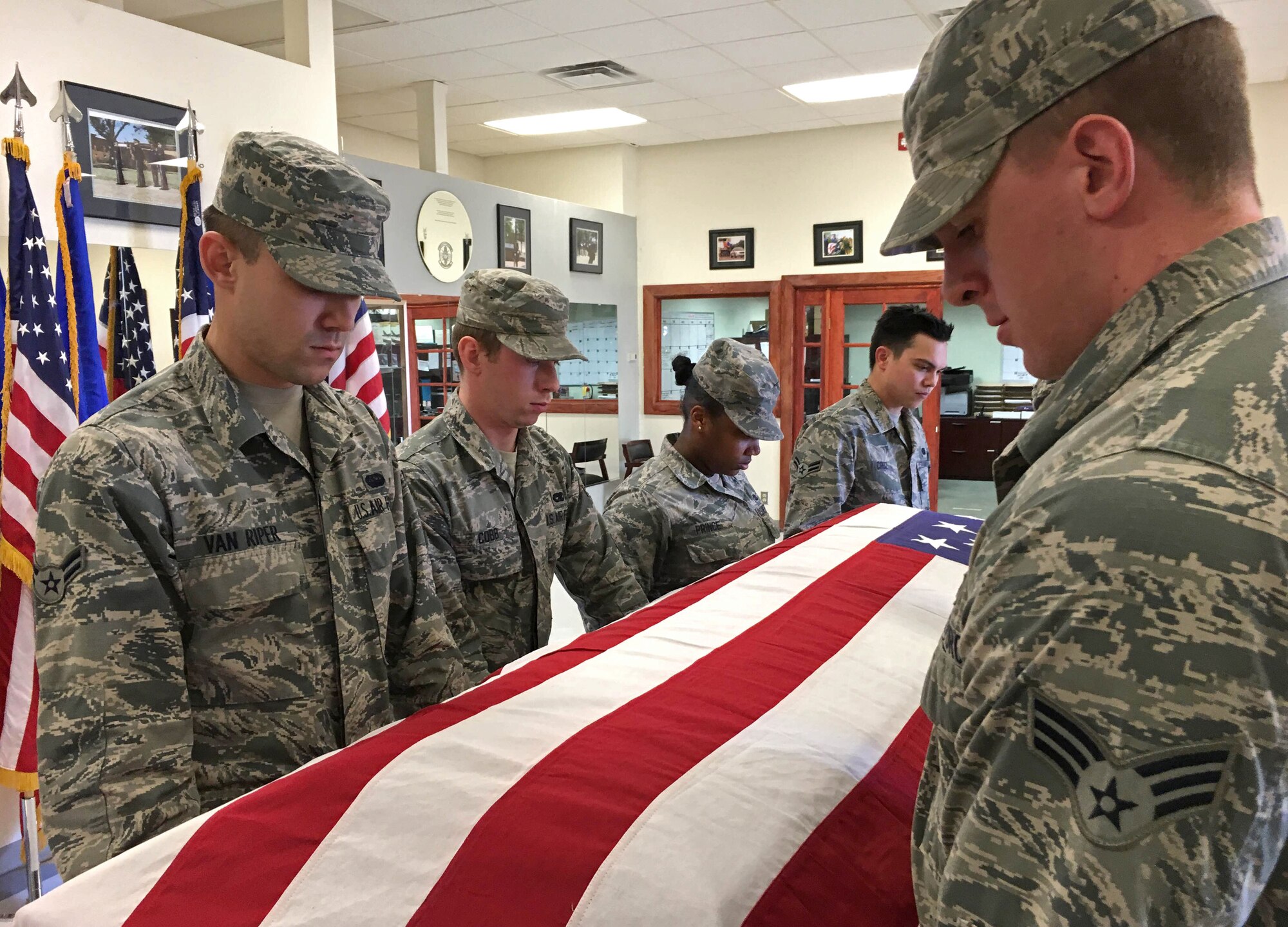 U.S. Air Force base honor guardsmen practice casket carries Jan. 28, 2016, at Cannon Air Force Base, N.M. The Cannon Honor Guard program has the primary mission of providing funeral and memorial services. (U.S. Air Force photo/Staff Sgt. Alexx Pons) 