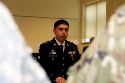 U.S. Army Spc. David Tapia assigned to Alpha Company 800th Logistic Supply Brigade, Fort Dix, N.J., participate the board during the 80th Training Command 2016 Best Warrior Competition (BWC) in conjunction with 99th Regional Support Command at Camp Bullis, Texas, March 11, 2016. The BWC is an annual competition to identify the strongest and most well-rounded Soldiers through the accomplishment of physical and mental challenges, as well as basic Soldier skills. (U.S. Army photo by Spc. Darnell Torres/Released).