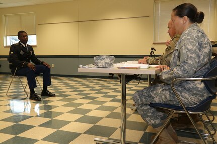 U.S. Army Spc. Georges Weeks,  assigned to 8/80th Quartermaster Battalion Fort Pickett, participate the board during the 80th Training Command 2016 Best Warrior Competition (BWC) in conjunction with 99th Regional Support Command at Camp Bullis, Texas, March 11, 2016. The BWC is an annual competition to identify the strongest and most well-rounded Soldiers through the accomplishment of physical and mental challenges, as well as basic Soldier skills. (U.S. Army photo by Spc. Darnell Torres/Released).