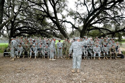 U.S. Army Master Sgt. Steve Guevara,  assigned to 14th Battalion 95th Regiment, Grand Prairie, Texas, brief the competitors during the 80th Training Command 2016 Best Warrior Competition (BWC) in conjunction with 99th Regional Support Command at Camp Bullis, Texas, March 11, 2016. The BWC is an annual competition to identify the strongest and most well-rounded Soldiers through the accomplishment of physical and mental challenges, as well as basic Soldier skills. (U.S. Army photo by Spc. Darnell Torres/Released).