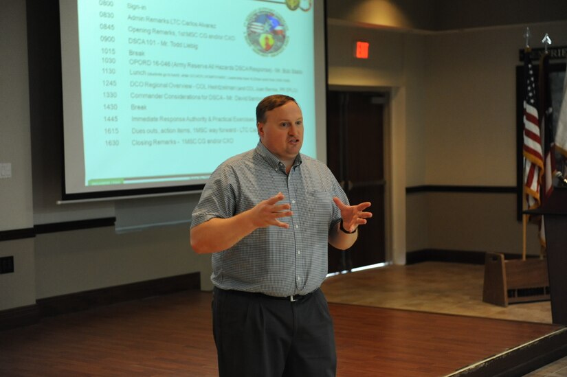 Robert Stabb, an emergency management specialist with USARC’s Homeland Operations Division, goes over Defense Support of Civil Authorities and Immediate Response Authorities with the 1st Mission Support Command during a DSCA 101 brief held at the 1st Mission Support Command (MSC) Headquarters, on Fort Buchanan, Puerto Rico, March 10.