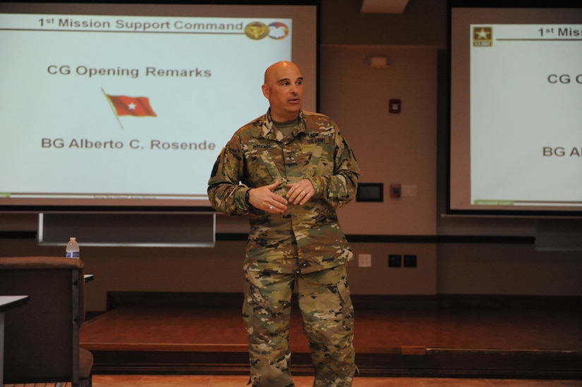 Brig. Gen. Alberto C. Rosende, commanding general for the 1st Mission Support Command, reiterates the importance of understanding DSCA Mission Assignments and the Immediate Response Authority during a DSCA 101 brief held at the 1st Mission Support Command (MSC) Headquarters, on Fort Buchanan, Puerto Rico, March 10.