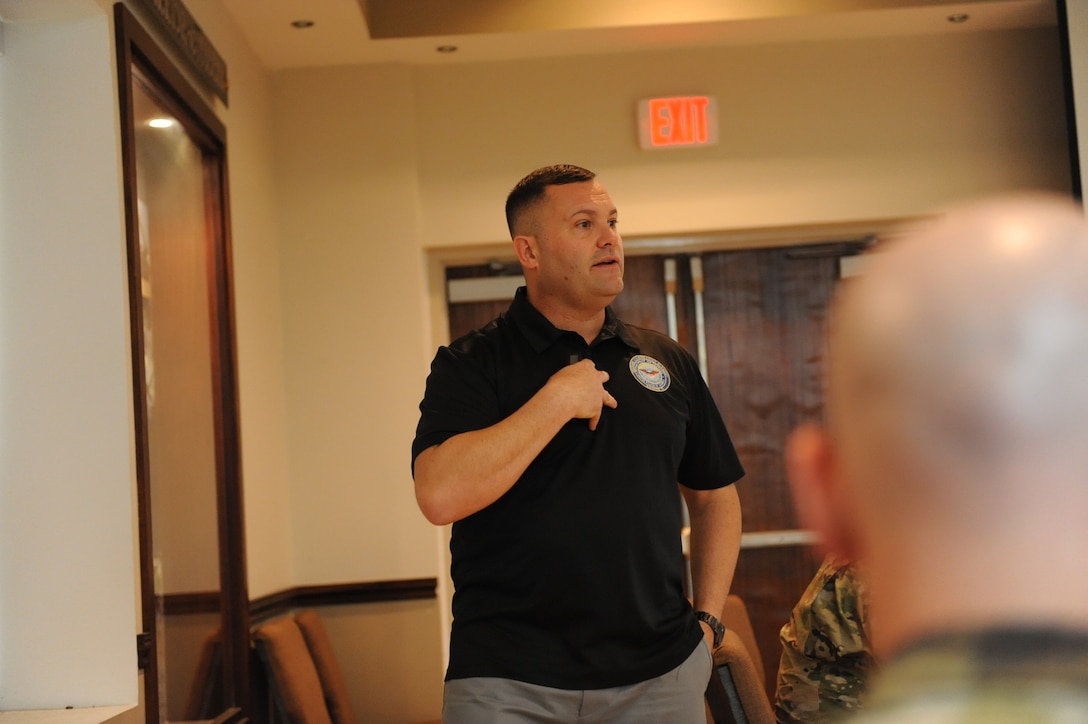 odd Liebig, Region 2 Army Reserve Civil Military Projects Officer, explains his role as the CMPO for Region 2 during a DSCA 101 brief held at the 1st Mission Support Command (MSC) Headquarters, on Fort Buchanan, Puerto Rico, March 10.