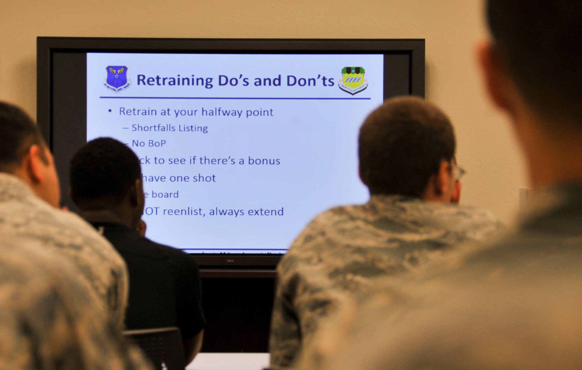 Airmen learn about the do’s and don’ts of retraining during a retraining seminar at Barksdale Air Force Base, La., March 3, 2016. Once an Airman receives a career job reservation they become eligible to retrain. A four-year-enlistee is eligible after 35 months’ time in service and a six-year-enlistee is eligible at 59 months. (U.S. Air Force photo/Senior Airman Amanda Morris)