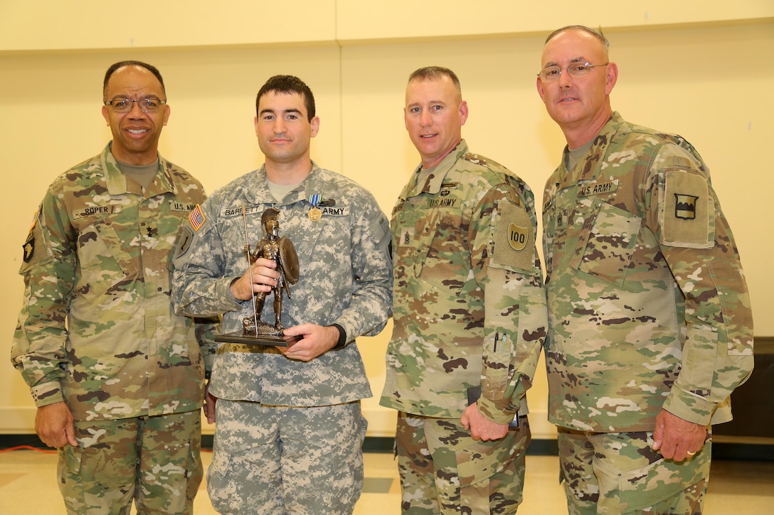 U.S. Army Staff Sgt. Zachary Barrett, 2016 Soldier winner of 100th Training Division Best Warrior Competition soldier during the 80th Training Command 2016 Best Warrior Competition (BWC) in conjunction with 99th Regional Support Command at Camp Bullis, Texas, March 11, 2016. The BWC is an annual competition to identify the strongest and most well-rounded Soldiers through the accomplishment of physical and mental challenges, as well as basic Soldier skills. (U.S. Army photo by Spc. Darnell Torres/Released).