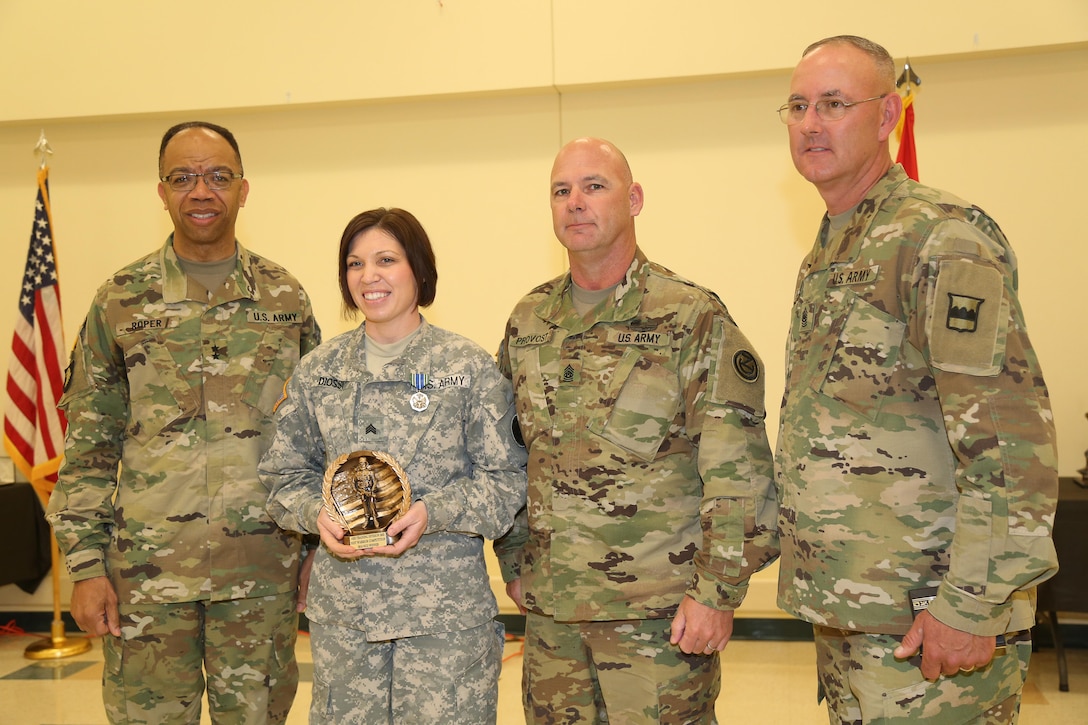 U.S. Army Sgt. Marcy Diossi assigned to 102nd Division Fort Leonard Wood, Mo., 2016 Soldier winner of 102nd Division Best Warrior Competition soldier during the 80th Training Command 2016 Best Warrior Competition (BWC) in conjunction with 99th Regional Support Command at Camp Bullis, Texas, March 11, 2016. The BWC is an annual competition to identify the strongest and most well-rounded Soldiers through the accomplishment of physical and mental challenges, as well as basic Soldier skills. (U.S. Army photo by Spc. Darnell Torres/Released).