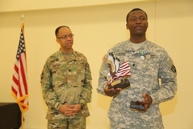 U.S. Army Spc. Georges Weeks, assigned to 8/80th Quartermaster Battalion Fort Pickett, 2016 Soldier winner of Best Warrior Competition soldier during the 80th Training Command 2016 Best Warrior Competition (BWC) in conjunction with 99th Regional Support Command at Camp Bullis, Texas, March 11, 2016. The BWC is an annual competition to identify the strongest and most well-rounded Soldiers through the accomplishment of physical and mental challenges, as well as basic Soldier skills. (U.S. Army photo by Spc. Darnell Torres/Released).