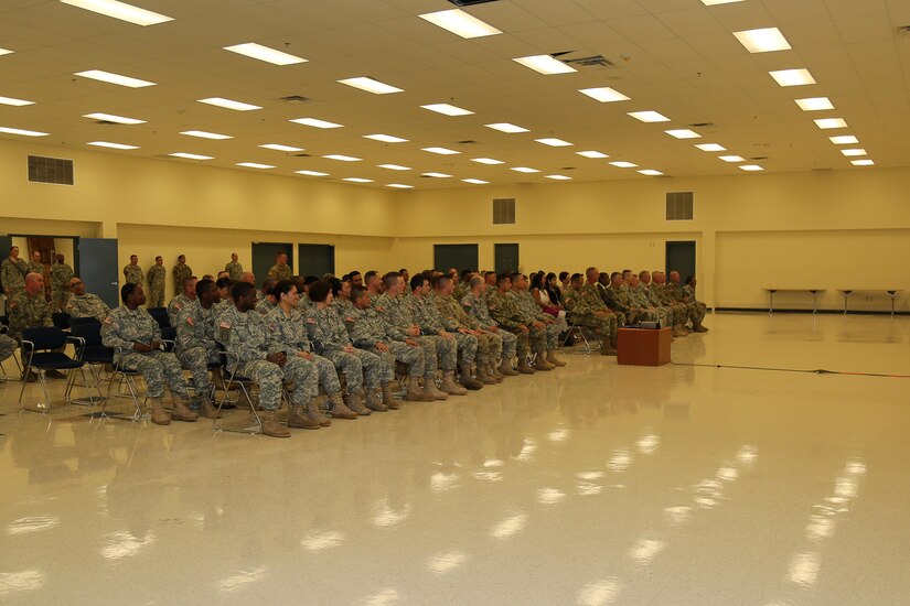U.S. Soldiers sit on 2016 award ceremony during the 80th Training Command 2016 Best Warrior Competition (BWC) in conjunction with 99th Regional Support Command at Camp Bullis, Texas, March 11, 2016. The BWC is an annual competition to identify the strongest and most well-rounded Soldiers through the accomplishment of physical and mental challenges, as well as basic Soldier skills. (U.S. Army photo by Spc. Darnell Torres/Released).