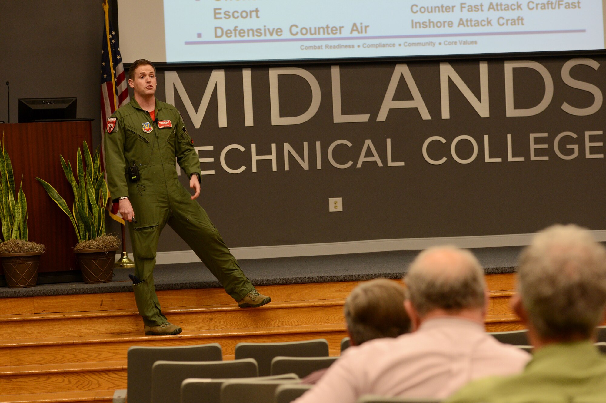 U.S. Air Force Capt. John Waters, 20th Fighter Wing flight safety officer, gives a presentation on midair collisions at the annual general membership meeting of the South Carolina Aviation Safety Council at Midlands Technical College, Columbia, S.C., March 11, 2016. Representatives from Shaw Air Force Base and Joint Base Charleston were present at the meeting in order to address safety concerns, provide information about the armed forces’ mission in South Carolina and help promote a culture of aviation safety both on the ground and in the air. (U.S. Air Force photo by Senior Airman Zade Vadnais)