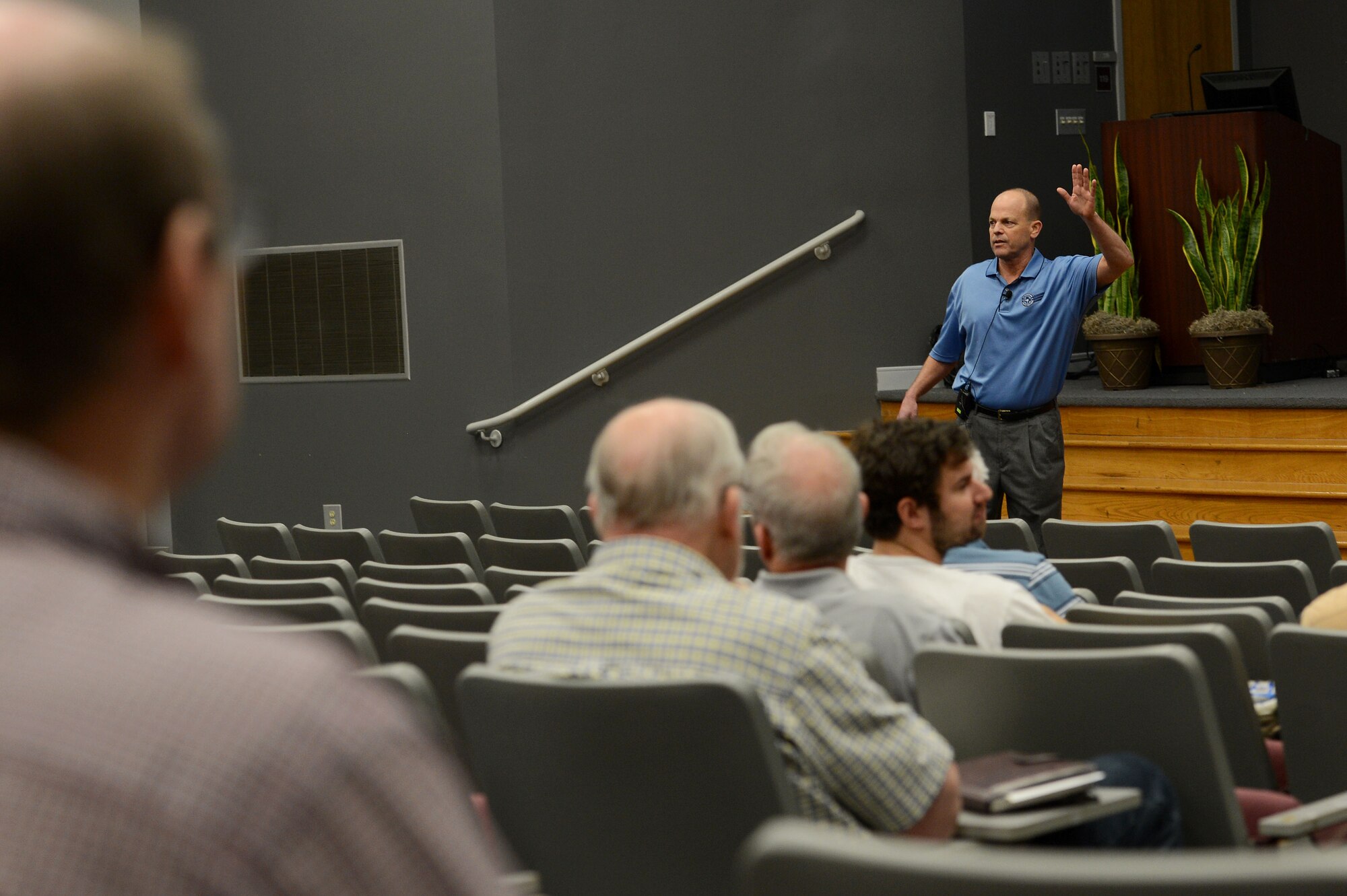Retired U.S. Marine Corps Col. Randy Myers, South Carolina Aviation Safety Council vice chairman, polls the crowd at the annual general membership meeting of the SCASC at Midlands Technical College, Columbia, S.C., March 11, 2016. The goal of the SCASC’s annual meeting is to promote and improve positive attitudes and behaviors toward aviation safety in order to mitigate aircraft-related personal injury and property damage. (U.S. Air Force photo by Senior Airman Zade Vadnais)