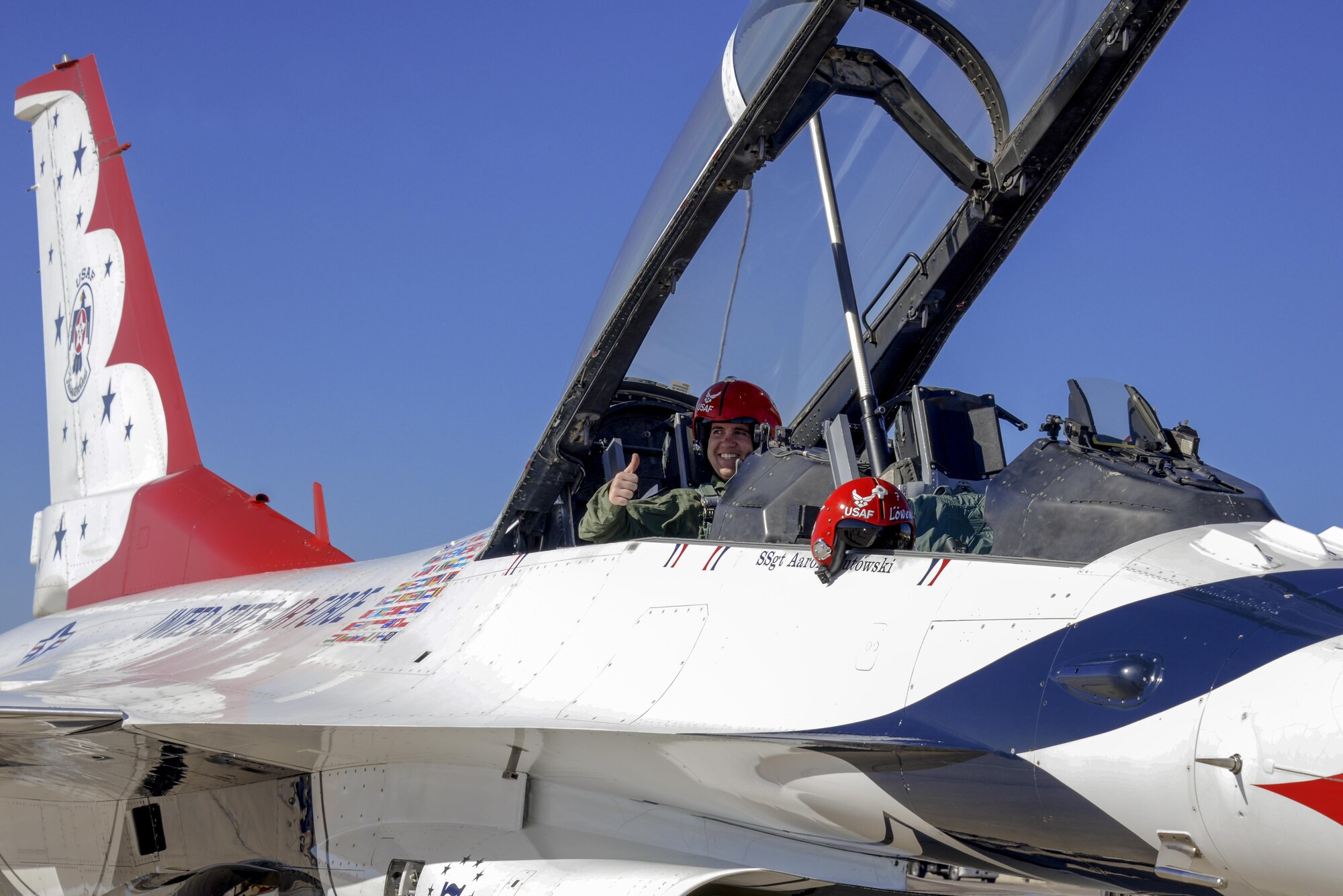 Brendan Lyons, Tucson community hometown hero, sits in Thunderbird 7, an F-16 Fighting Falcon from the U.S. Air Force Air Demonstration Squadron, at Davis-Monthan Air Force Base, Ariz., March 11, 2016.  Lyons was nominated as a hometown hero to fly with the Thunderbirds because of his commitment to safety and his passion to make Tucson a safer community for cyclists and motorists.  (U.S. Air Force photo by Senior Airman Chris Massey/Released)