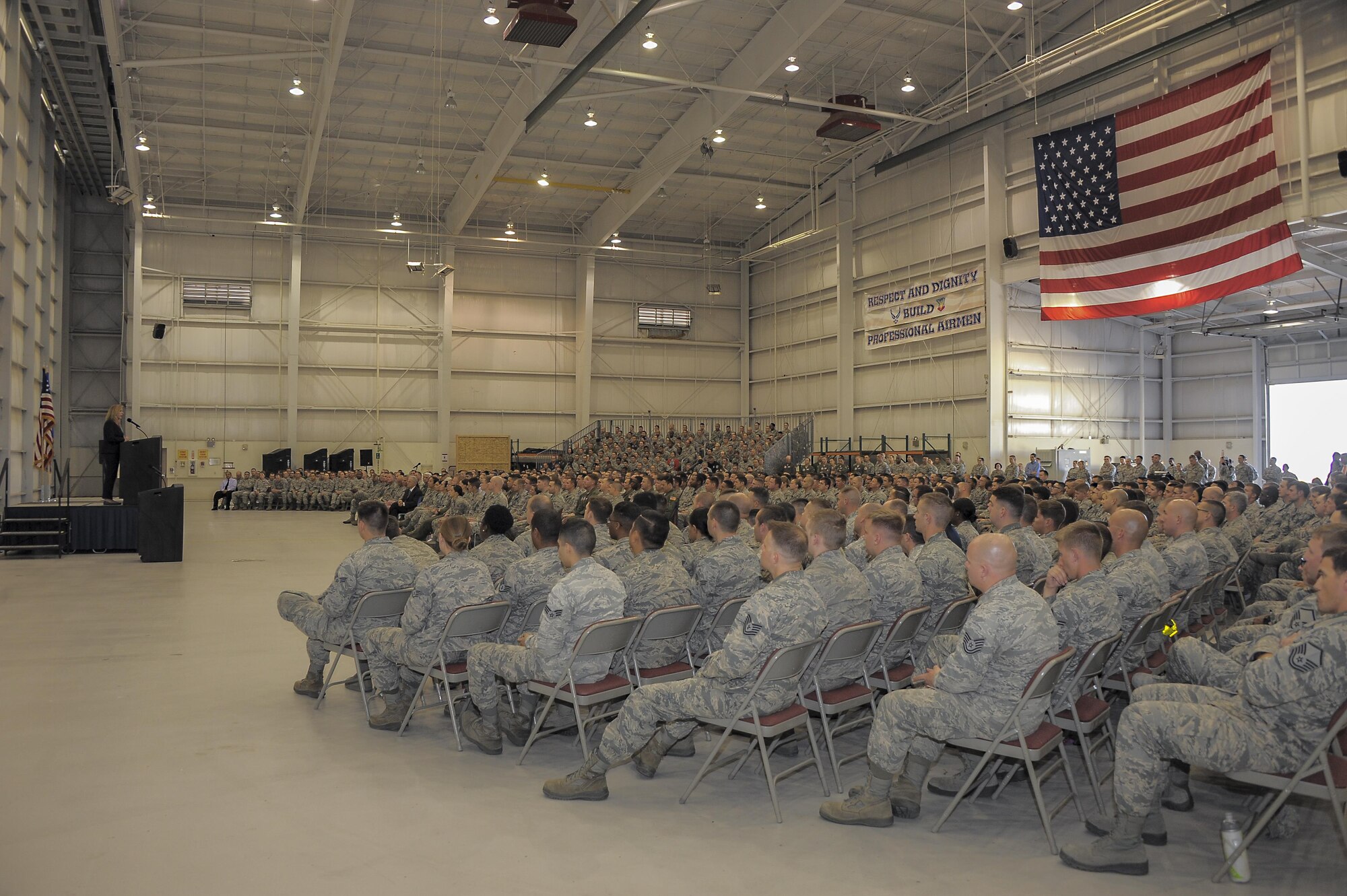 Secretary of the Air Force Deborah Lee James speaks to Desert Lightning Team Airmen at Davis-Monthan Air Force Base, Ariz., March 9, 2016. James spoke to the DLT Airmen about her priorities: taking care of people, balancing the readiness of today with modernization of tomorrow and making every dollar count. James and Deputy Secretary of Energy Dr. Elizabeth Sherwood-Randall visited various units to discuss their mission operations, priorities, and capabilities, in addition to D-M AFB’s significant contributions to efficient energy use. (U.S. Air Fore photo by Airman 1st Class Mya Crosby/Released) 