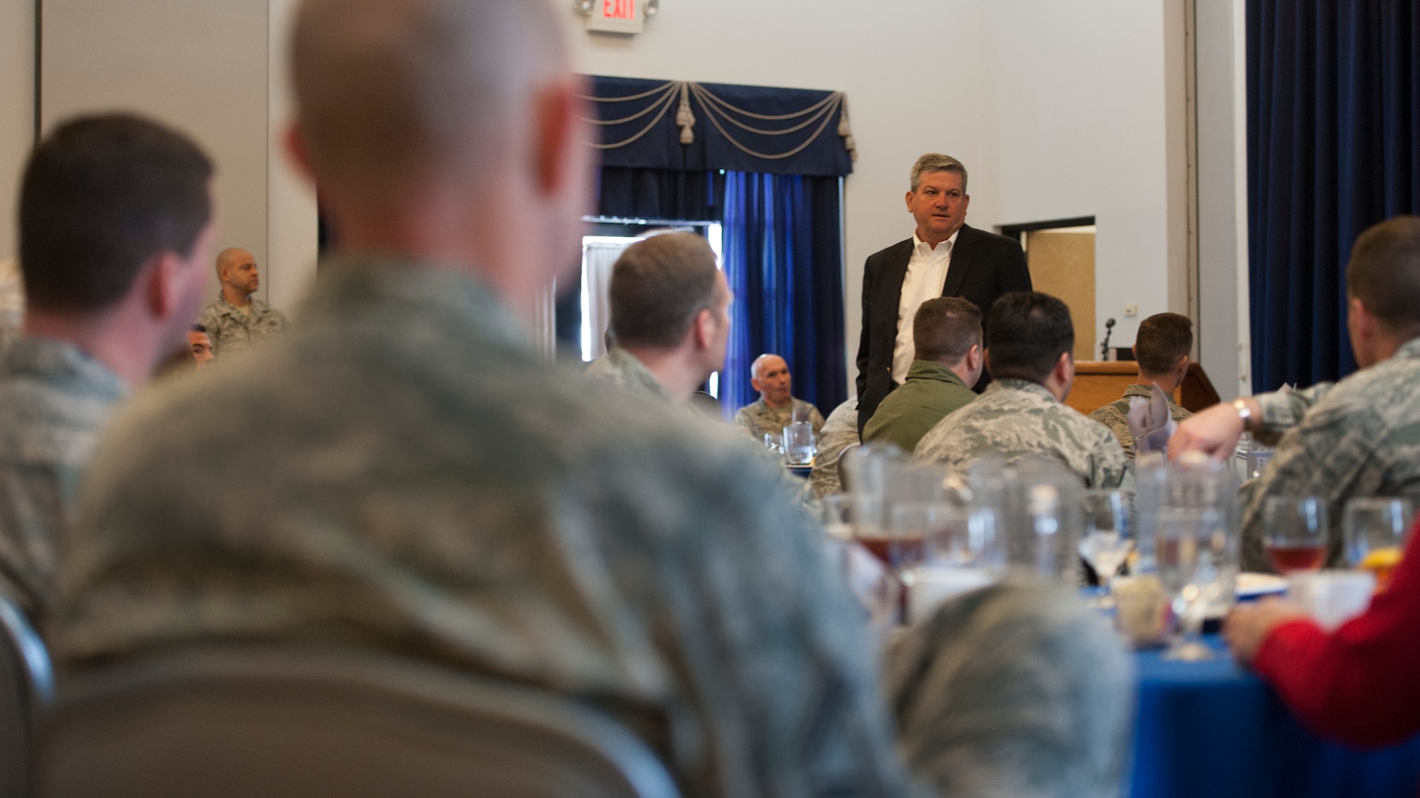 Retired Lt. Gen. Vern “Rusty” Findley, Airlift/Tanker Association executive director, speaks to Team Dover Airmen at a Leadership Luncheon March 4, 2016, at the Landings on Dover Air Force Base, Del. The luncheon was presented by the Eagle Chapter of the A/TA and the Galaxy Chapter of the Air Force Association. (U.S. Air Force photo/Senior Airman Zachary Cacicia)