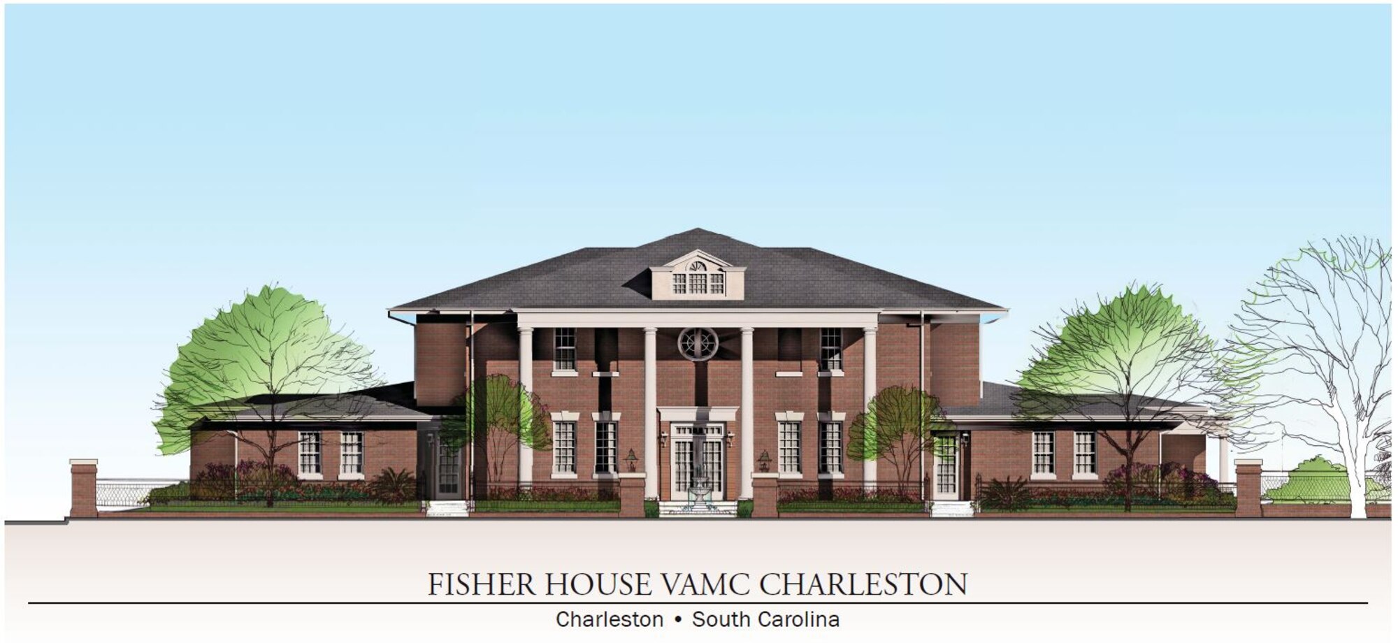 Artist rendering of the Fisher House Charleston. When 
construction is complete, Fisher House Charleston will have 14,425 square feet 
of living space with 16 bedroom suites and common kitchen, living and dining 
areas. The Fisher House Foundation reports that bedroom suites are normally in 
use 365 days of the year.  In the Charleston area that could save veterans' 
families over $1.1 million per year in hotel expenses. (drawing courtesy of Fisher House Charleston Foundation)
