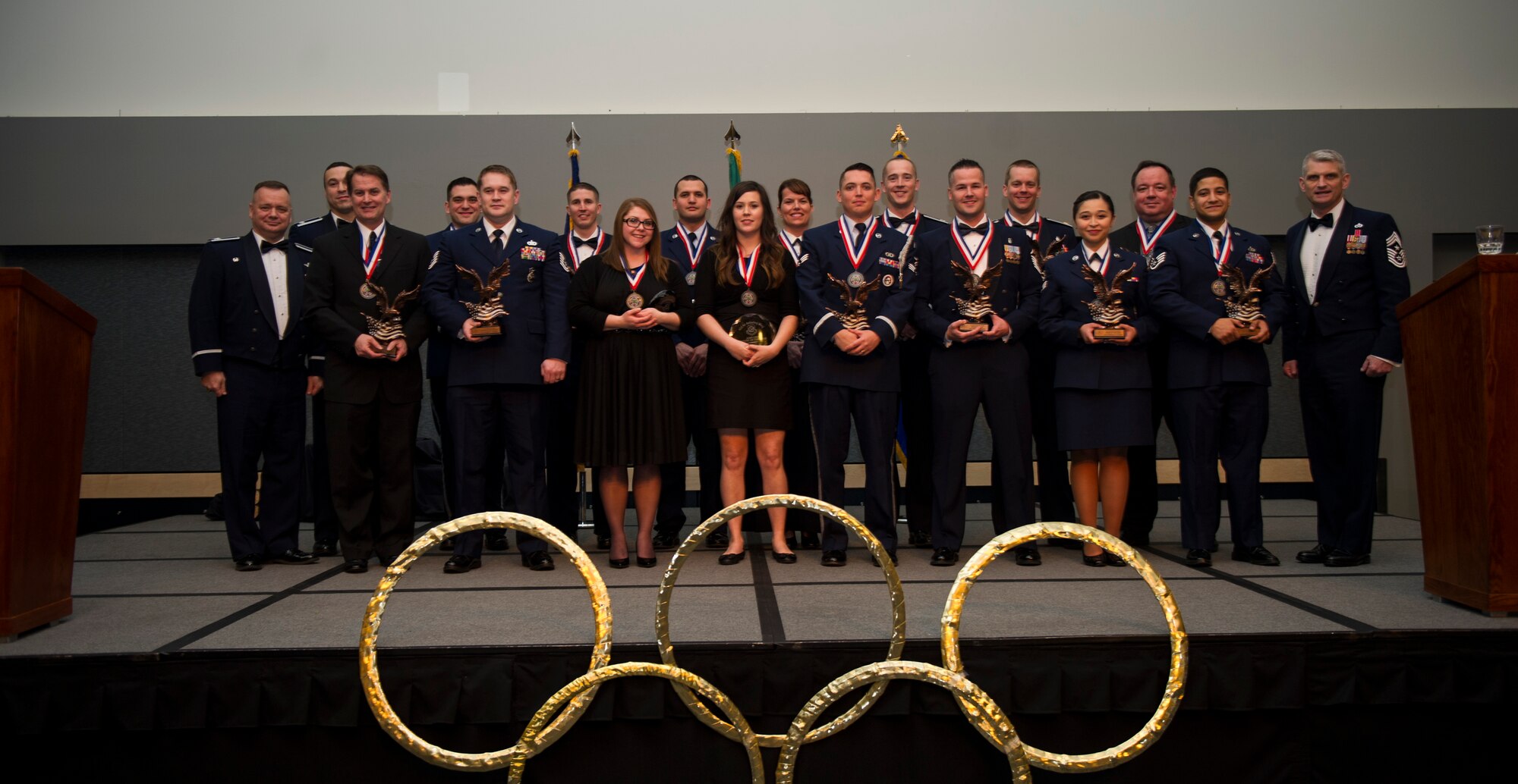 Winners for the 92nd Air Refueling Wing annual awards pose for a photo March, 11, 2016, Spokane, Wash (U.S. Air Force photo/Airman 1st Class Sean Campbell)