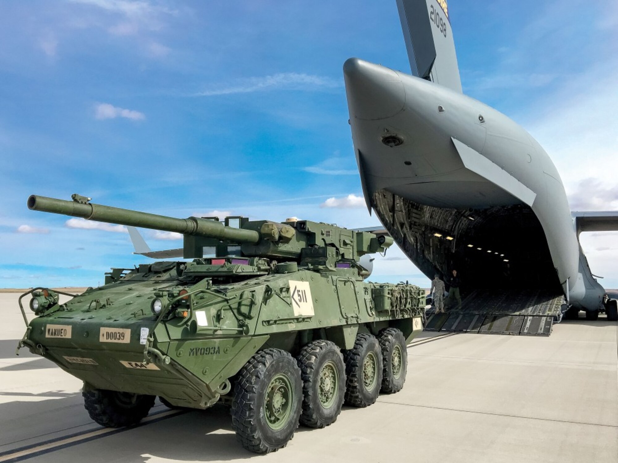 COLORADO SPRINGS, Colo. — An M1128 Stryker Main Gun System is staged for loading onto a U.S. Air Force C17 Globemaster as a part of the Deployment Readiness Exercise conducted Feb. 23, 2016. The Soldiers participating in this Deployment Readiness Exercise are demonstrating a strategically important capability to respond to contingency operations world-wide,” said Capt. Kevin Pelletier, assistant operations officer, 1st SBCT. “Furthermore, this exercise proves that Soldiers from the 1st SBCT are ready to fight almost immediately by rehearsing key partnerships with the Air Force and 82nd Airborne Division. (U.S. Army photo by Maj. Matthew White)
