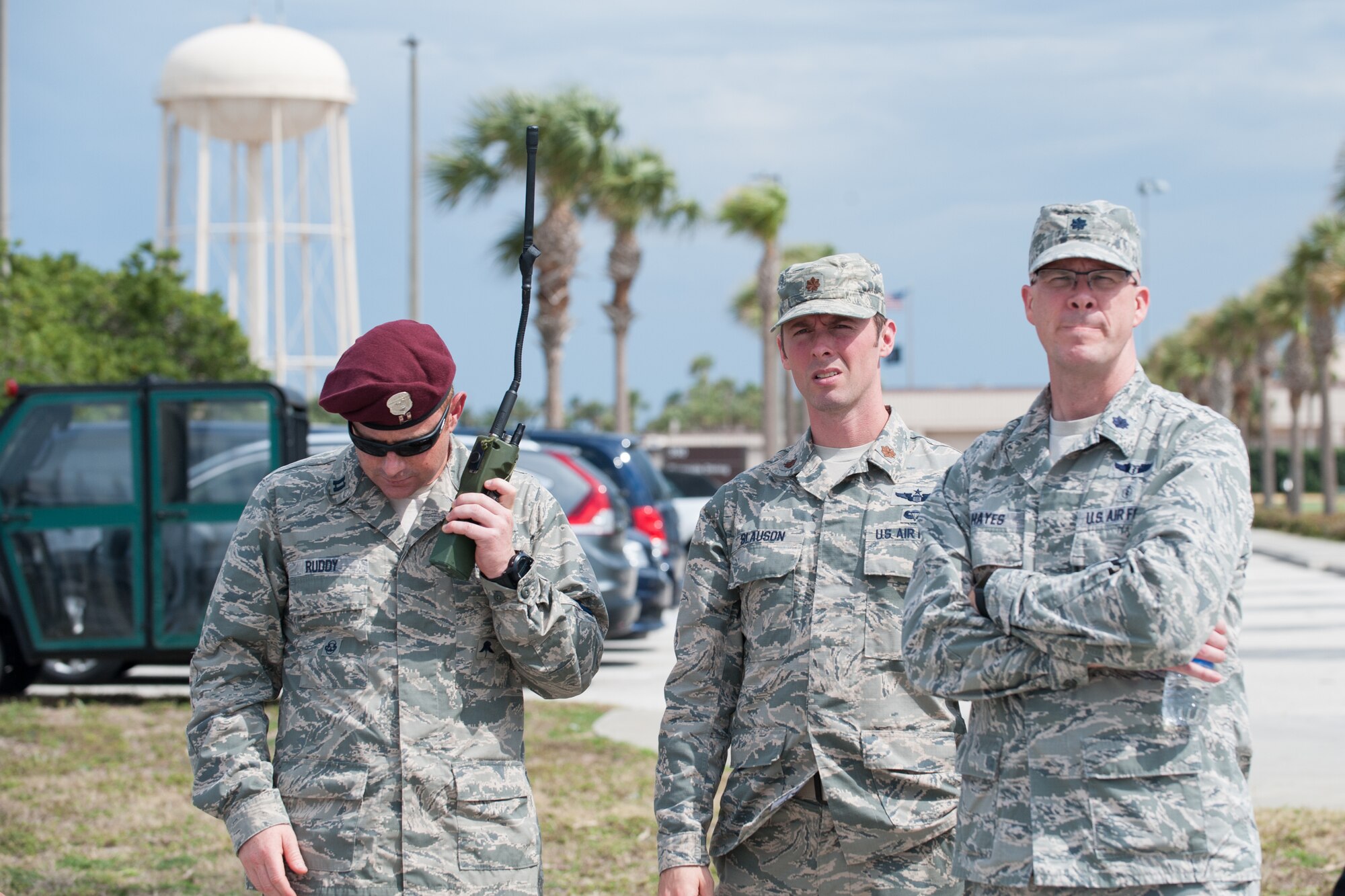 Capt. Ryan Ruddy, 308th Rescue Squadron, left, participates in an astronaut recovery demonstration with Maj. Chris Slauson and Lt. Col. Marshall Hayes, both of the 45th Operations Group's Detachment 3 at Patrick Air Force Base, Fla., March 14, 2016. The demonstration involved Air Force Guardian Angel Airmen and aircraft from the 920th Rescue Wing to showcase aspects of safe rescue operations.
Airmen from Detachment 3 coordinate astronaut capsule rescue and recovery and train personnel worldwide to ensure the Department of Defense is ready to support NASA's human space endeavors. (U.S. Air Force photo by Benjamin Thacker/Released)
