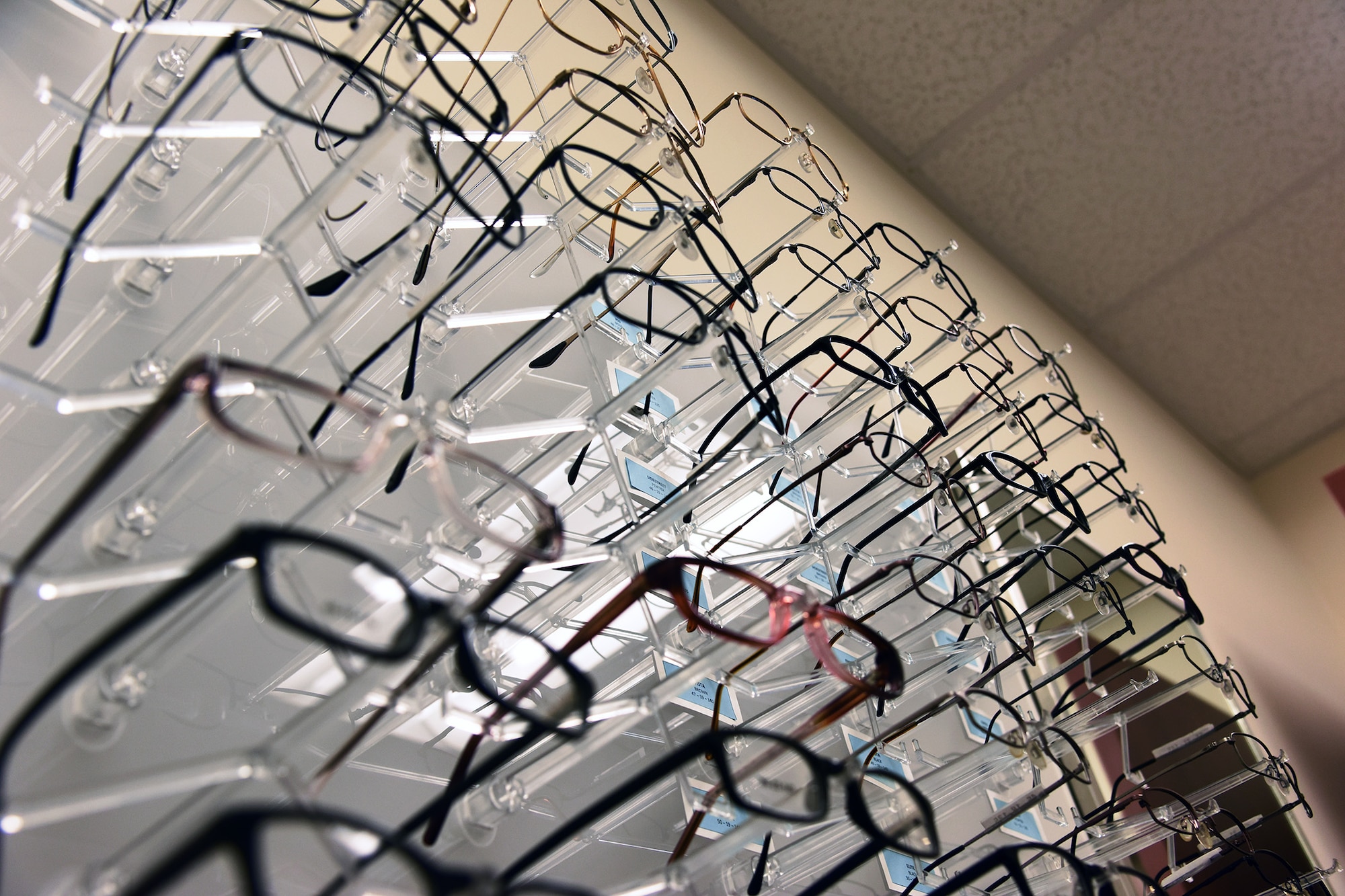 Eyeglasses are displayed at the optometry clinic March 11, 2016, at Malmstrom Air Force Base, Mont. The clinic hosts an internship program open to students including primary care, ocular disease and two specialty clinics, lasting two months each. 
 (U.S. Air Force photo/Senior Airman Jaeda Tookes) 
