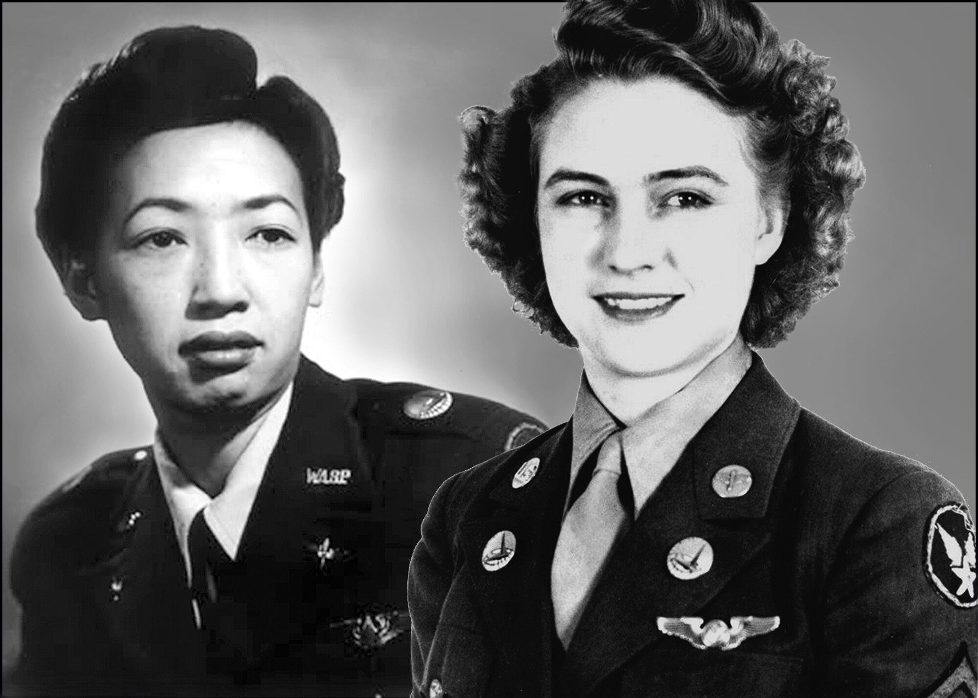 Hazel Ying Lee, left, was one of approximately 1,100 civil service Women Airforce Service Pilots that flew Army aircraft during World War II and was the first Chinese-American woman to fly for the United States military. Pfc. Emma Jane Windham Burrows served in the U.S. Army Air Forces during the war and was the Women’s Army Corps’ first crew chief and aerial engineer. Great Falls, Mont., is significant to both of their stories. (U.S. Air Force photo illustration/John Turner)