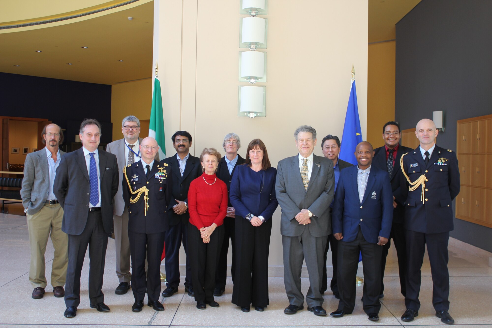 The Air Force Research Laboratory’s basic research directorate, the Air Force Office of Scientific Research (AFOSR) hosted the International Basic Research Infrastructure Meeting from Nov 12-13, 2015 at the Embassy of Italy in Washington, D.C.  This effort was made possible with the support and collaboration of the Embassy of Italy in Washington, D.C. and the National Research Council of Italy. From left to right:  Dr. Jeffery Owrutsky, Section Chief, Naval Research Laboratory, Mr. Giulio Busulini, Scientific Attaché, Embassy of Italy, Dr. Mark Maurice, ION Director, AFOSR, Maj General (AF) Luca Goretti, Defense Attaché, Embassy of Italy, Dr. Padmanabhan Seshaiyer, Program Director, National Science Foundation, Prof. Ozden Ochoa, Texas A&M University, Dr. Leanne Henry, Senior International Focal Point, AFRL/RD, Mrs. Rosie Hicks, Chief Executive Officer, Australian National Fabrication Facility, Dr. Thomas Christian, Director, AFOSR, Dr. Larry Nagahara, Associate Dean of Research, Johns Hopkins University, Dr. Makhapa Makhafola, General Manager for Research and Development, MINTEK National Science Council, Dr. Sofi Bin-Salamon, International Program Manager, AFOSR, Lt Col (AF) Alessio Grasso, Assistant Defense Attaché, Embassy of Italy.
