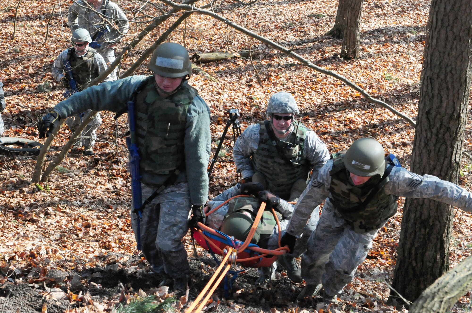 175th Fire and Emergency Services members perform a search and rescue exercise during Silver Flag 2016 at Ramstein Air Base, March 9. Silver Flag is an every 36 months required training for Air Force civil engineer specialties. (U.S. Air National Guard photo/ Senior Airman Erica Rodriguez)