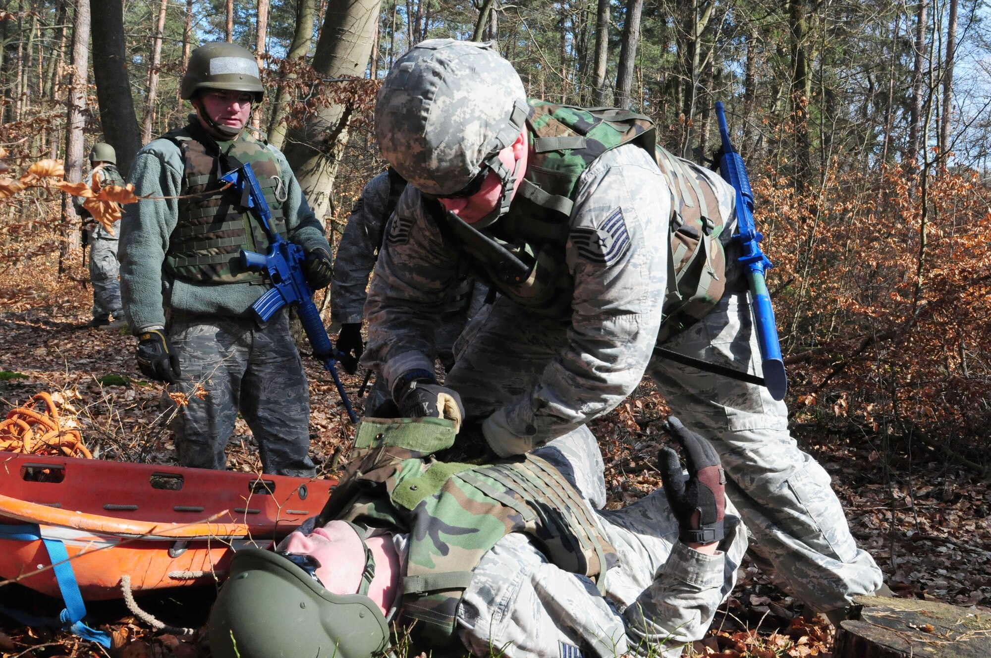 175th Fire and Emergency Services members perform a search and rescue exercise during Silver Flag 2016 at Ramstein Air Base, March 9. Silver Flag is an every 36 months required training for Air Force civil engineer specialties. (U.S. Air National Guard photo/ Senior Airman Erica Rodriguez)