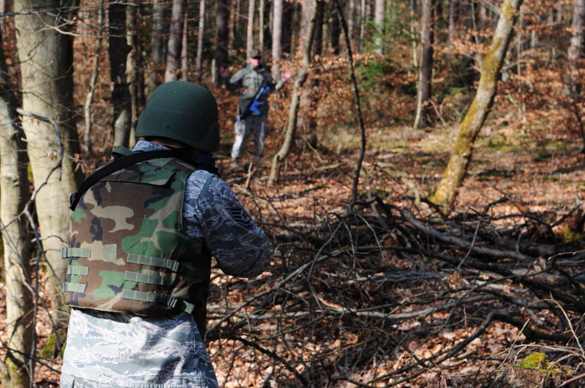 175th Fire and Emergency Services members perform a search and rescue exercise during Silver Flag 2016 at Ramstein Air Base, March 9. Silver Flag is an every 36 months required training for Air Force civil engineer specialties. (U.S. Air National Guard photo/ Senior Airman Erica Rodriguez)