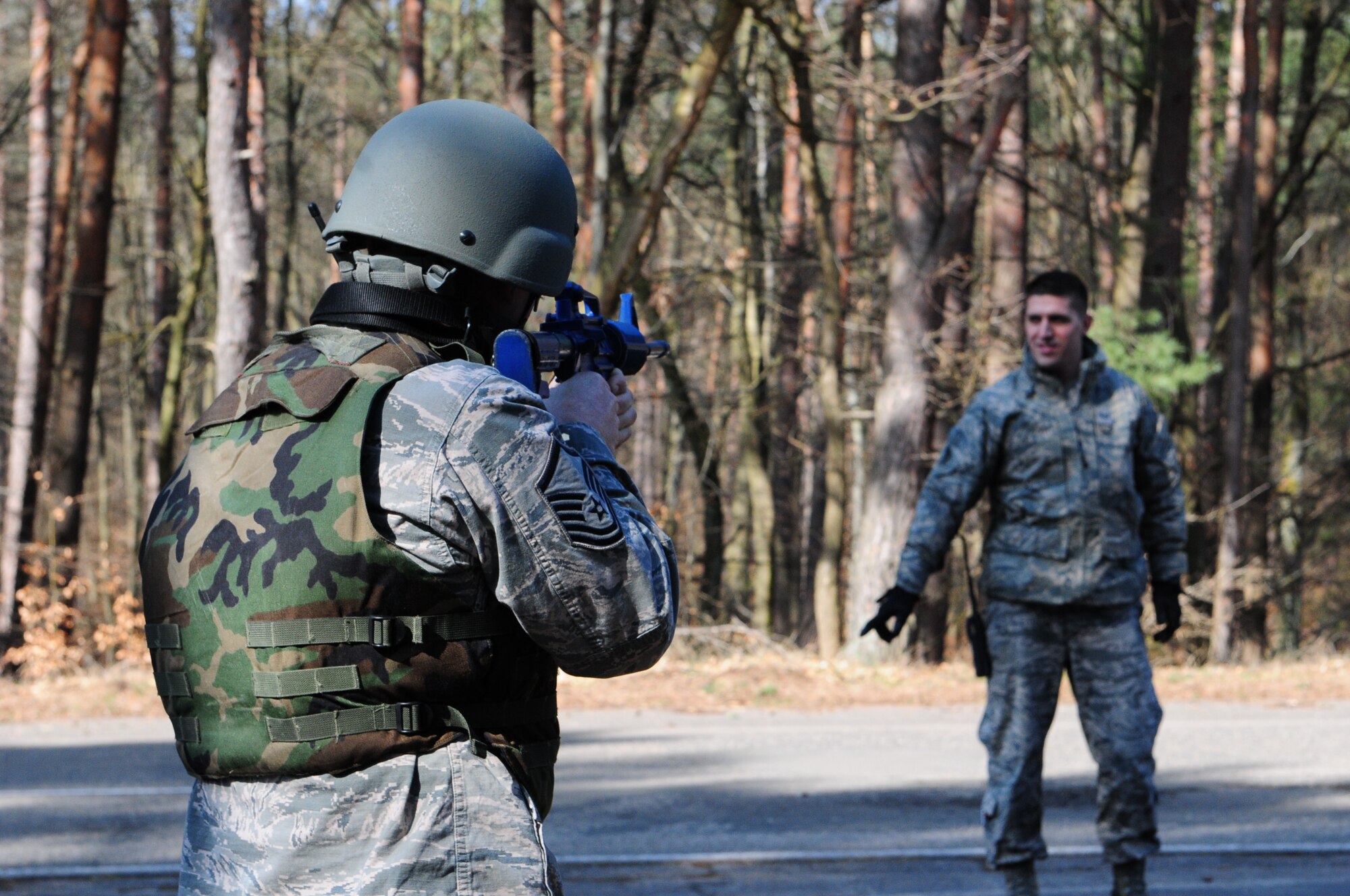 175th Fire and Emergency Services members perform a search and rescue exercise during Silver Flag 2016 at Ramstein Air Base, March 9. Silver Flag is an every 36 months required training for Air Force civil engineer specialties. (U.S. Air National Guard photo by Senior Airman Erica Rodriguez)