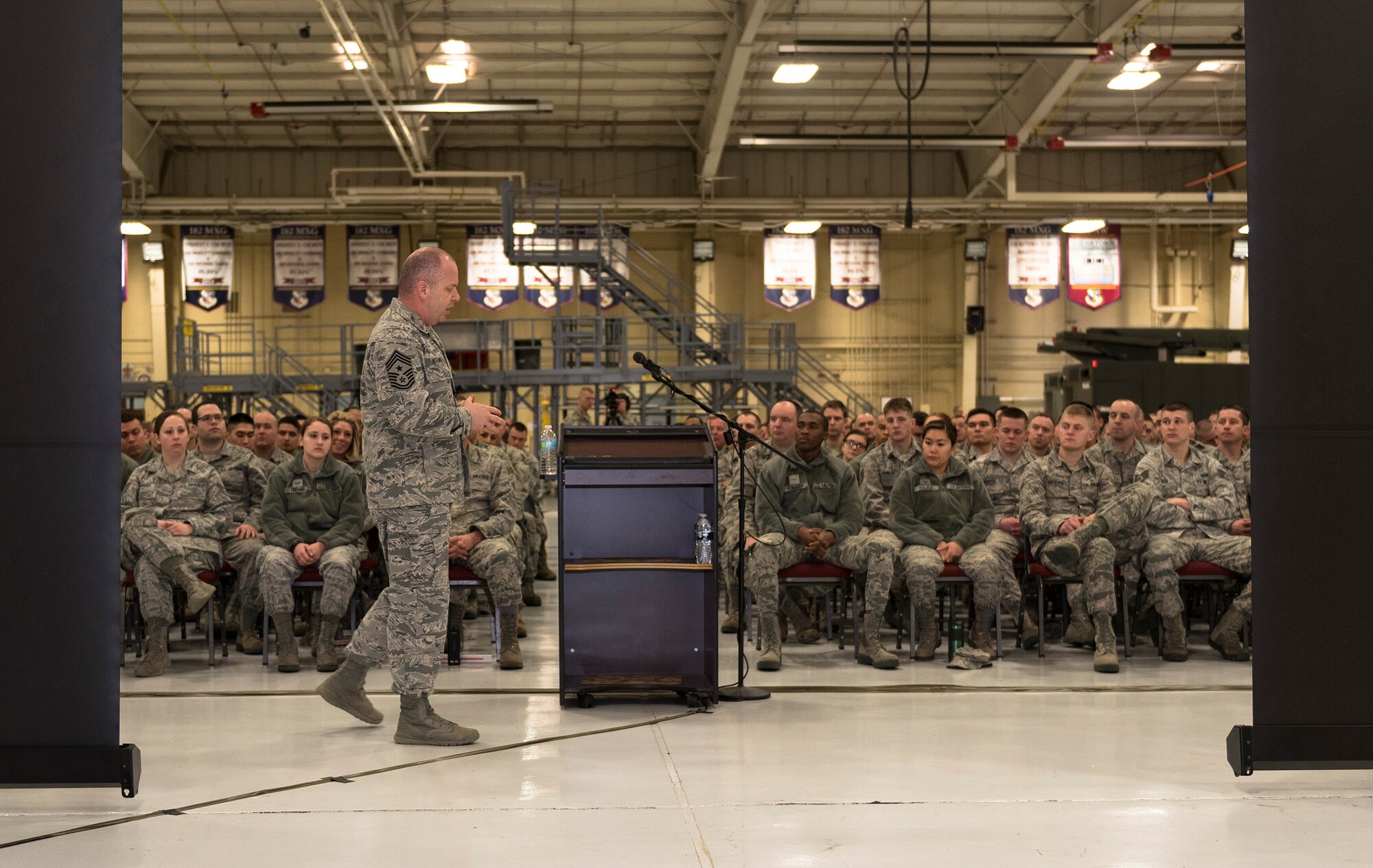 U.S. Air Force Chief Master Sgt. James W. Hotaling, the command chief of the Air National Guard, speaks with the Illinois Air National Guard 182nd Airlift Wing's enlisted corps in Peoria, Ill., March 4, 2016. Hotaling visited the base to discuss renewing the commitment to the profession of arms, the health of the force and embracing accomplishments. (U.S. Air National Guard photo by Staff Sgt. Lealan Buehrer)