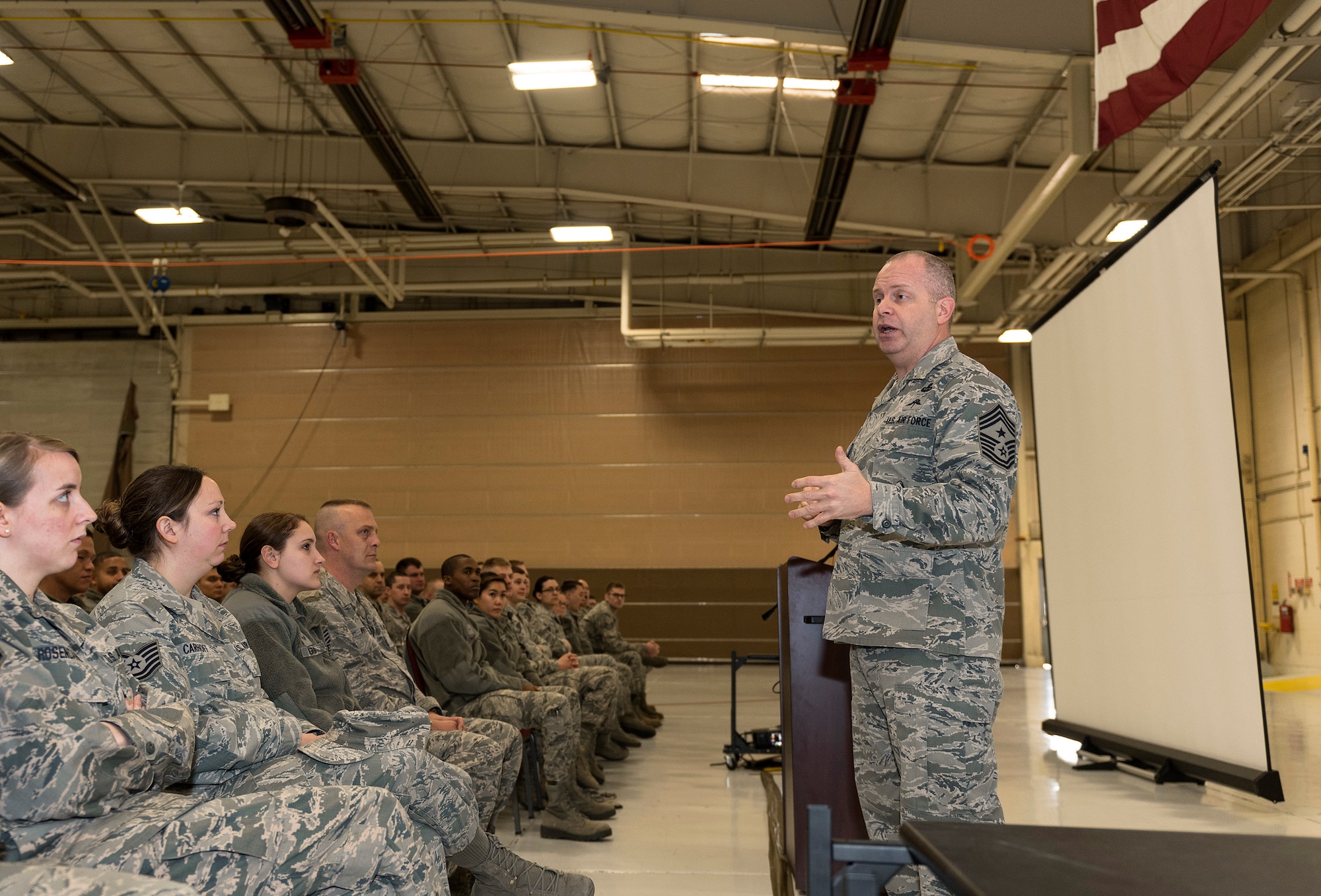 U.S. Air Force Chief Master Sgt. James W. Hotaling, the command chief of the Air National Guard, speaks with the Illinois Air National Guard 182nd Airlift Wing's enlisted corps in Peoria, Ill., March 4, 2016. Hotaling visited the base to discuss renewing the commitment to the profession of arms, the health of the force and embracing accomplishments. (U.S. Air National Guard photo by Staff Sgt. Lealan Buehrer)