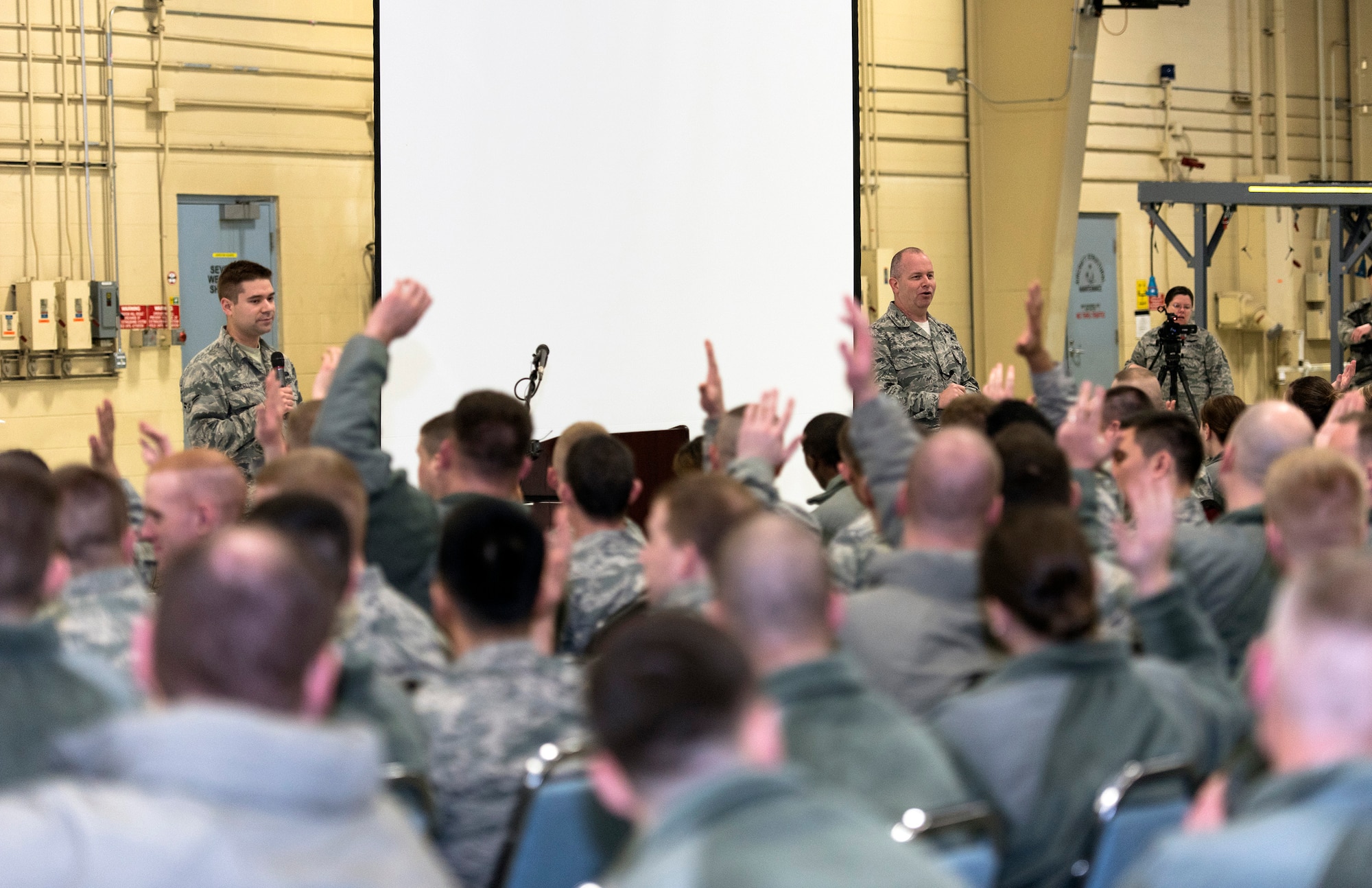 U.S. Air Force Chief Master Sgt. James W. Hotaling, right, the command chief of the Air National Guard, speaks with the Illinois Air National Guard 182nd Airlift Wing’s enlisted corps in Peoria, Ill., March 4, 2016. Hotaling visited the base to discuss renewing the commitment to the profession of arms, the health of the force and embracing accomplishments. (U.S. Air National Guard photo by Staff Sgt. Lealan Buehrer)