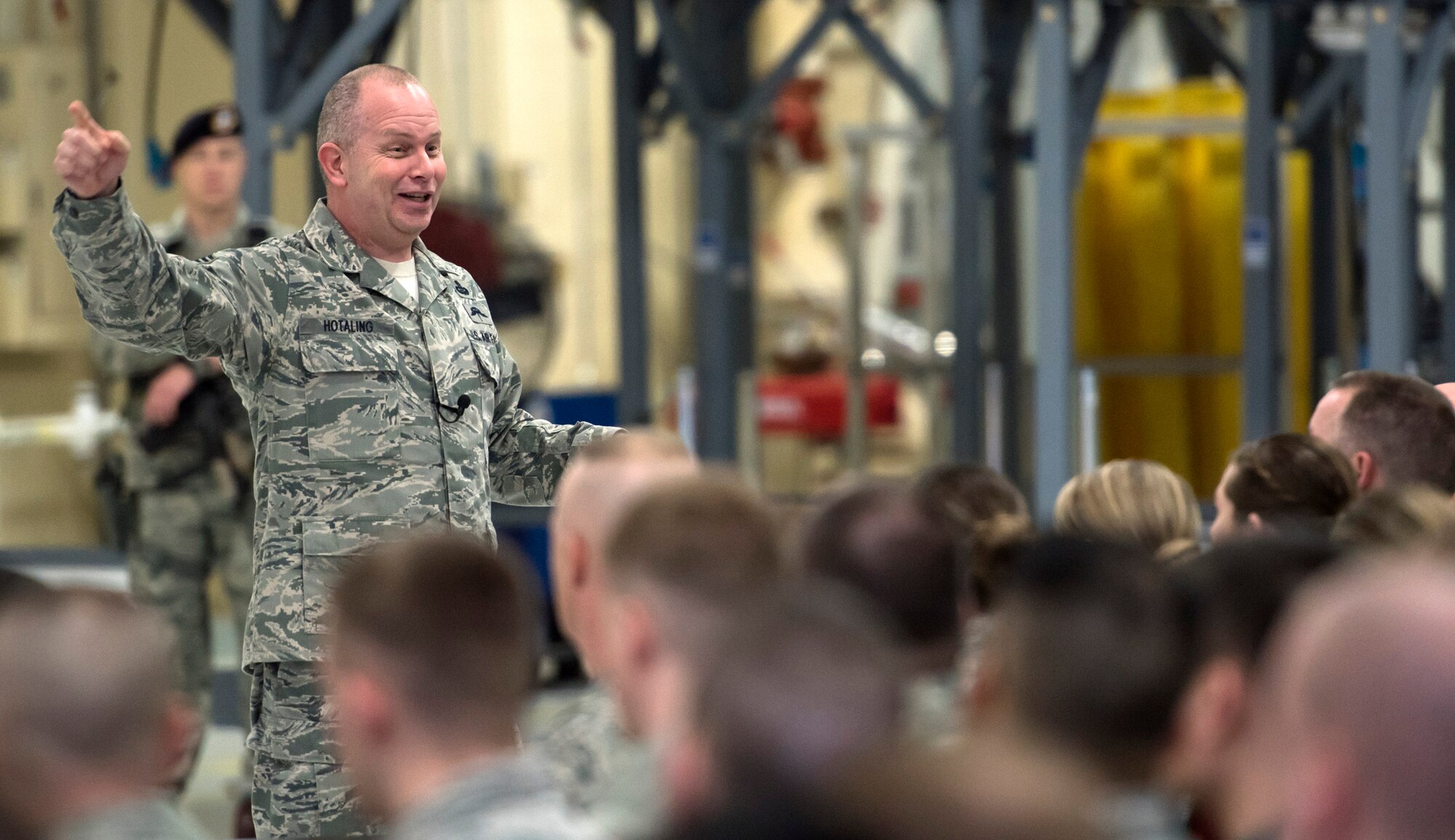 U.S. Air Force Chief Master Sgt. James W. Hotaling, the command chief of the Air National Guard, speaks with the Illinois Air National Guard 182nd Airlift Wing’s enlisted corps in Peoria, Ill., March 4, 2016. Hotaling visited the base to discuss renewing the commitment to the profession of arms, the health of the force and embracing accomplishments. (U.S. Air National Guard photo by Staff Sgt. Lealan Buehrer)