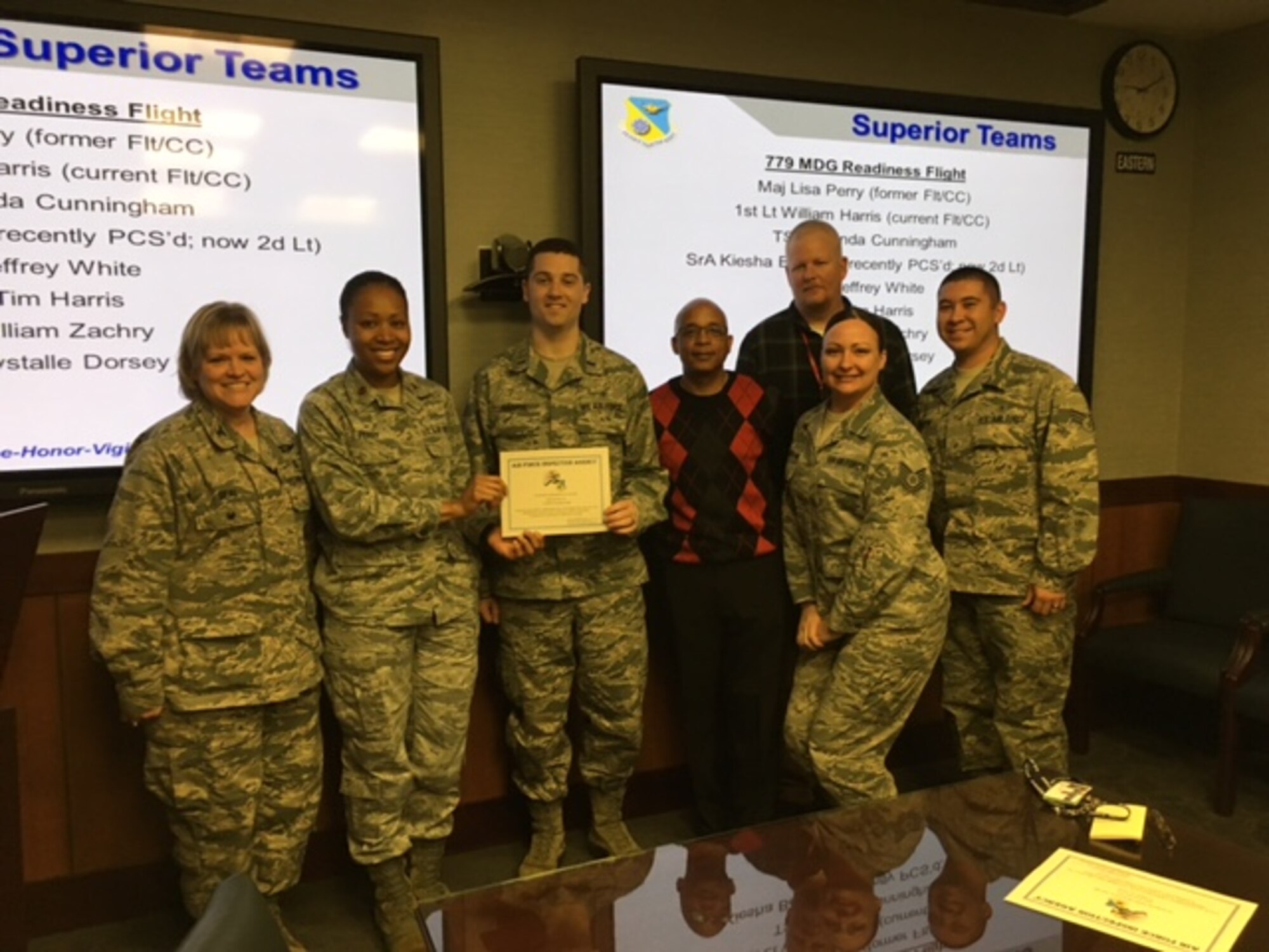 Colonel Wendy J. Beal, Inspector for the Air Force Inspection Agency presents a certificate for Superior Performance to the 779th Medical Group Readiness Flight lead by Maj. Lisa Perry and 1st Lt. William Harris.  (U.S. Air Force Photo by Tech. Sgt. Jillian Kozub/released)