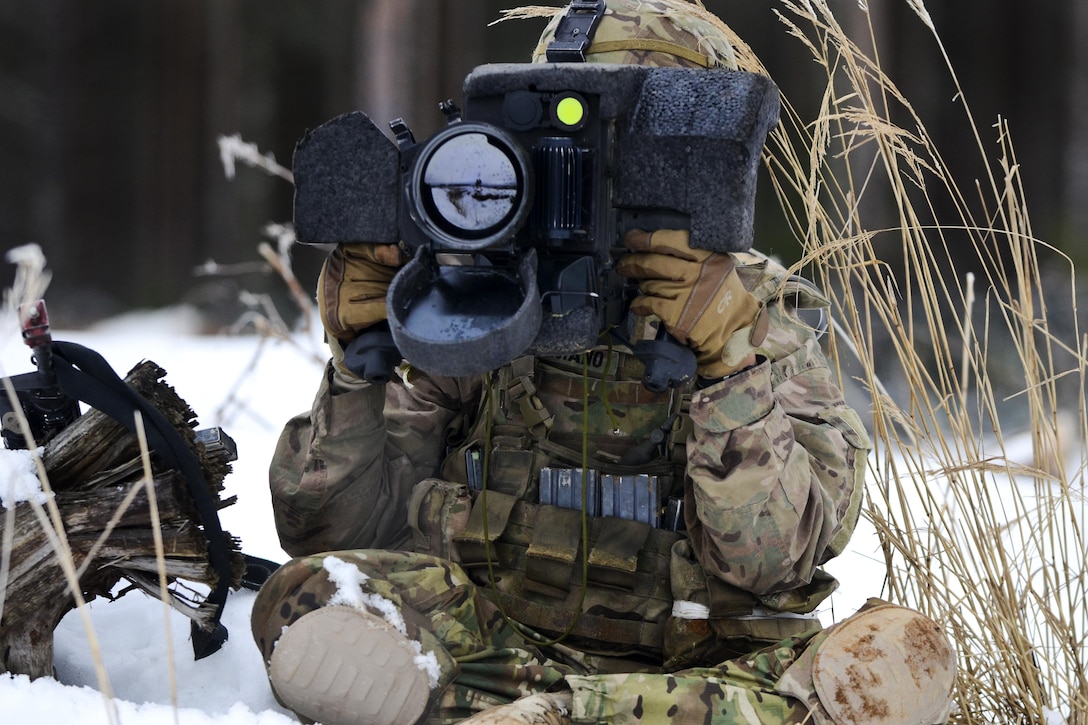 Army Pfc. Rene Anguiano acquires his target with a command launch unit for a Javelin rocket during a live-fire exercise at Tapa Training Area in Estonia, March 12, 2016. Anguiano is an infantryman assigned to the 3rd Squadron, 2nd Cavalry Regiment. Army photo by Staff Sgt. Steven M. Colvin 