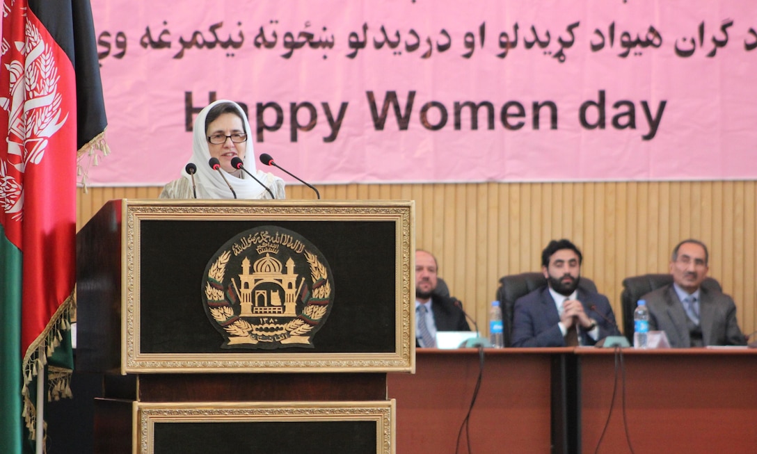 Rula Ghani, first lady of Afghanistan, provides remarks during the Ministry of the Interior International Women’s Day celebration in Kabul, Afghanistan, March 13, 2016. She said that women serving in the Ministries and the Interior play a major role in defending the country and preserving the rights of all citizens of Afghanistan. She commended the women in the audience for defending the interests of Afghanistan, as well as its independence. Navy photo by Lt. Charity Edgar