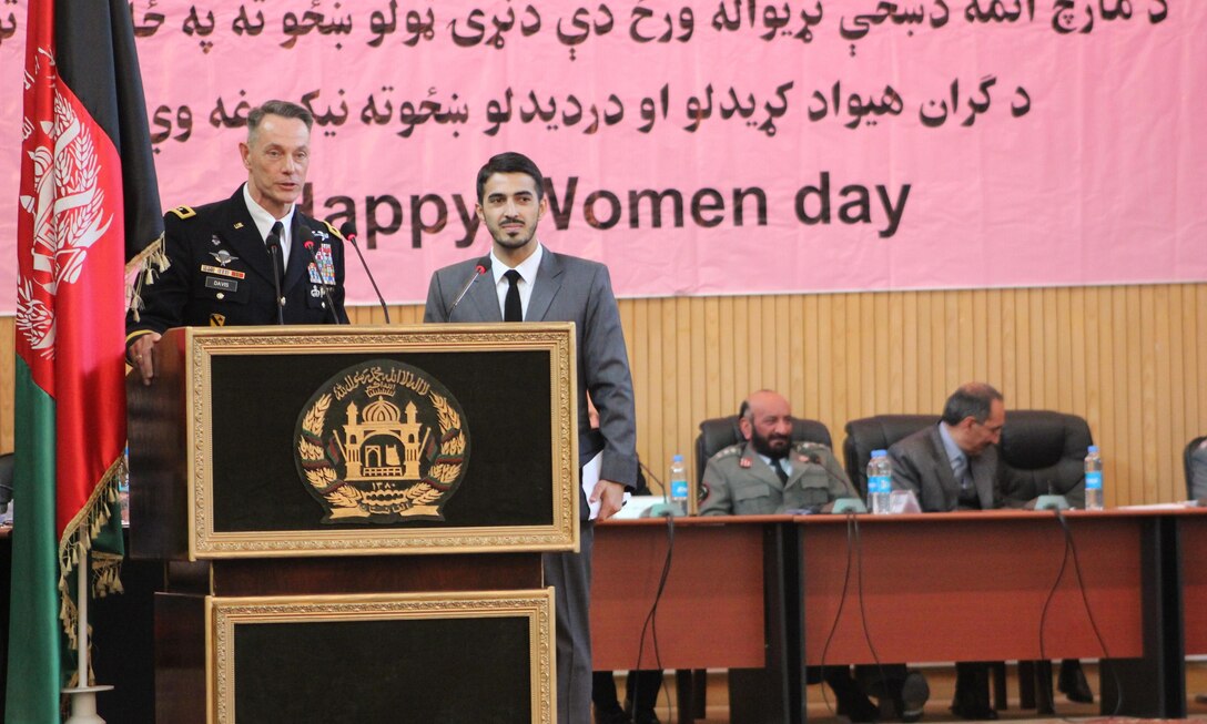 Through a linguist, Army Maj. Gen. Gordon “Skip” Davis, Jr., commander, Combined Security Transition Command-Afghanistan, and deputy chief of staff for security assistance, Resolute Support Mission, thanks Afghan National Policewomen for their service during the Ministry of the Interior International Women’s Day celebration in Kabul, Afghanistan, March 13, 2016. Davis said that women must play an essential role in Afghan security in order for the country to be successful in the pursuit of economic growth, peace and stability. Navy photo by Lt. Charity Edgar