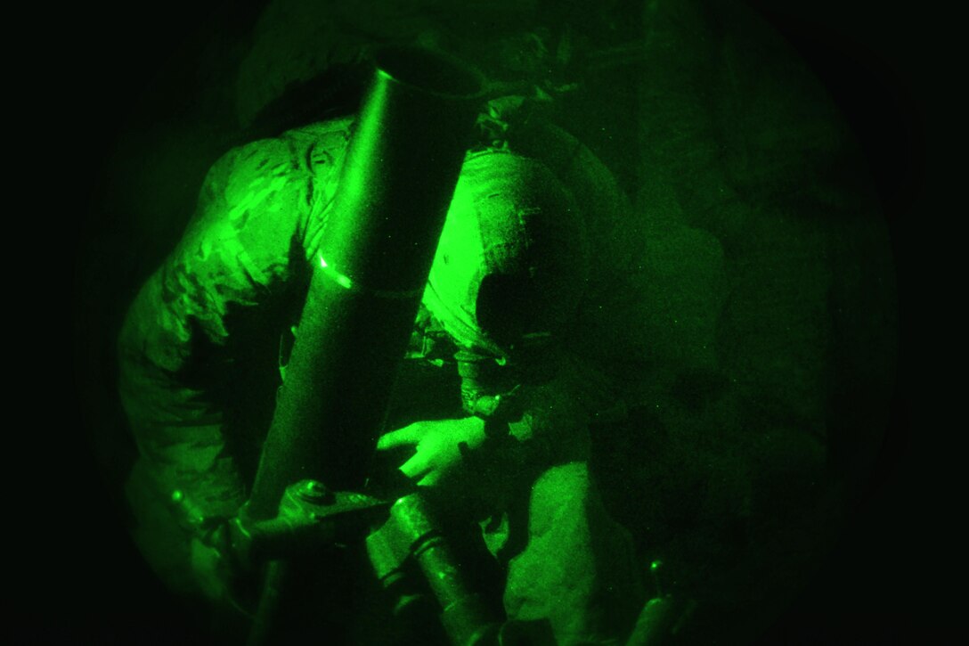 As seen through a night-vision device, an Army mortarman checks a compass on a 120 mm mortar system during a live-fire exercise as part of Exercise Rock Sokol at Pocek Range in Postojna, Slovenia, March 10, 2016. Army photo by Davide Dalla Massara