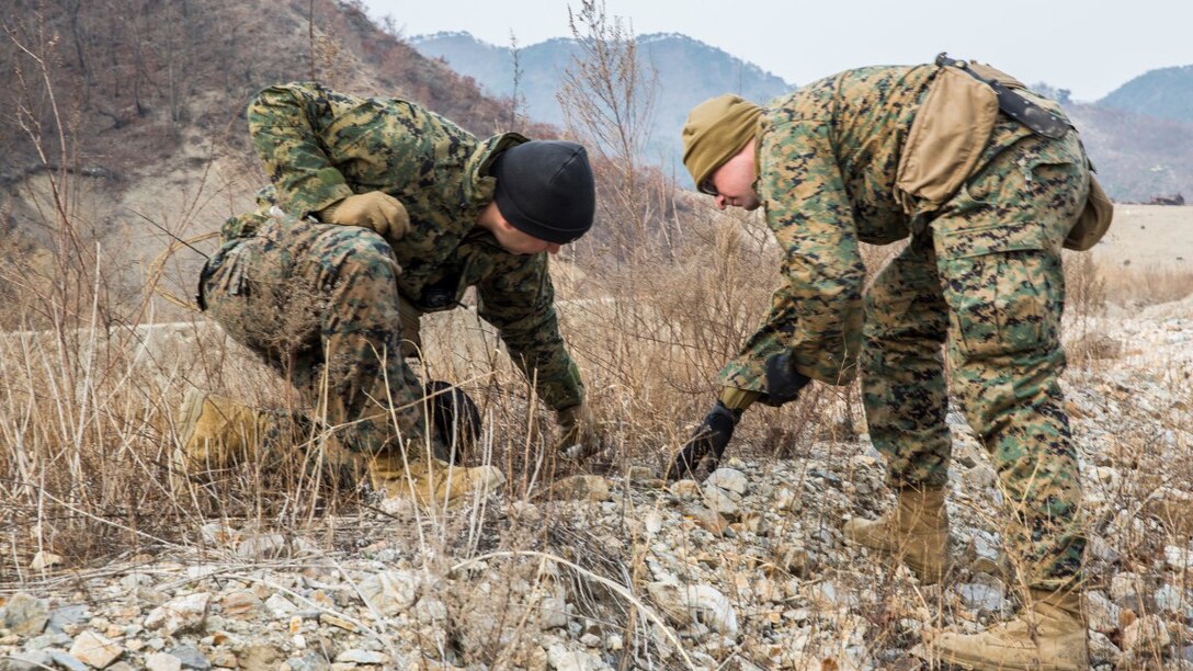 U.S. Marine explosive ordnance disposal technicians Gunnery Sgt. Jordan Torcello and Staff Sgt. Aaron Lane with the 13th Marine Expeditionary Unit investigate pieces of undetonated explosives during Exercise Ssang Yong 16 on Suseongri live-fire range, Pohang, South Korea, March 13, 2016. Ssang Yong is a biennial combined amphibious exercise conducted by U.S. forces with the Republic of Korea Navy and Marine Corps, Australian Army and Royal New Zealand Army Forces in order to strengthen interoperability and working relationships across a wide range of military operations.