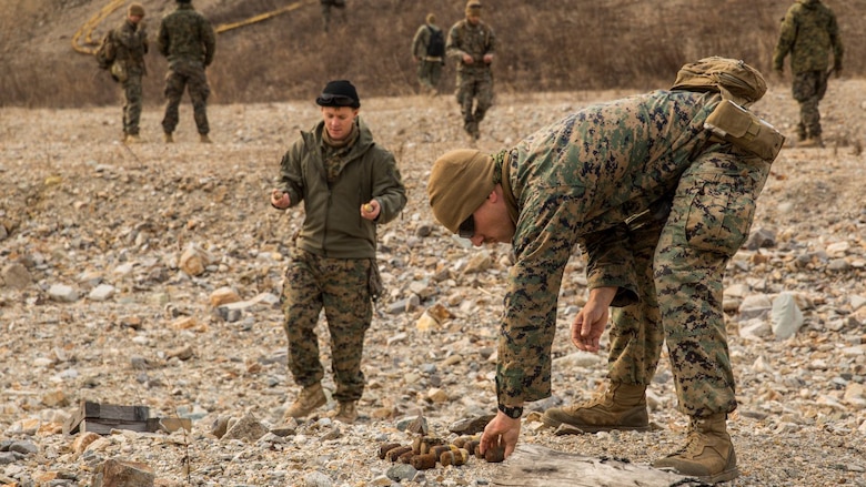 U.S. Marine explosive ordnance technicians with the 13th Marine Expeditionary Unit bring undetonated explosives for a controlled detonation during Exercise Ssang Yong 16 on Suseongri live-fire range, Pohang, South Korea, March 13, 2016. Ssang Yong is a biennial combined amphibious exercise conducted by U.S. forces with the Republic of Korea Navy and Marine Corps, Australian Army and Royal New Zealand Army Forces in order to strengthen interoperability and working relationships across a wide range of military operations.