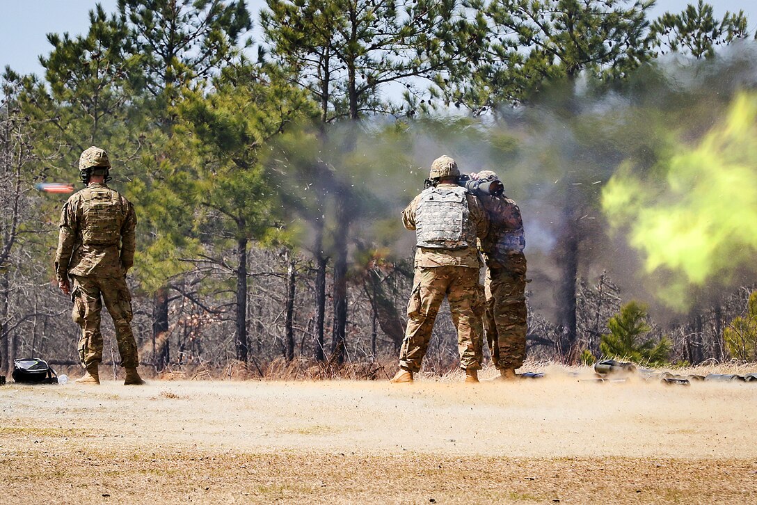 Army paratroopers fire the Carl Gustav M3 84 mm recoilless rifle during a live-fire certification course on Fort Bragg, N.C., March 9, 2016. The rifle is breech-loaded and can be fired from the standing, kneeling, sitting or prone positions. Army photo by Sgt. Juan F. Jimenez